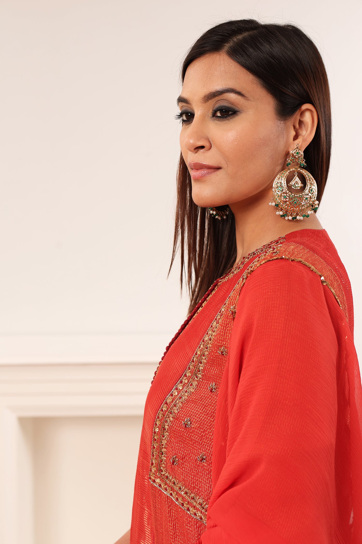 Red-Orange Hand-Embroidered Handloom Pure Cotton-Silk (Stripes & Checks) Kurta-Pants Set