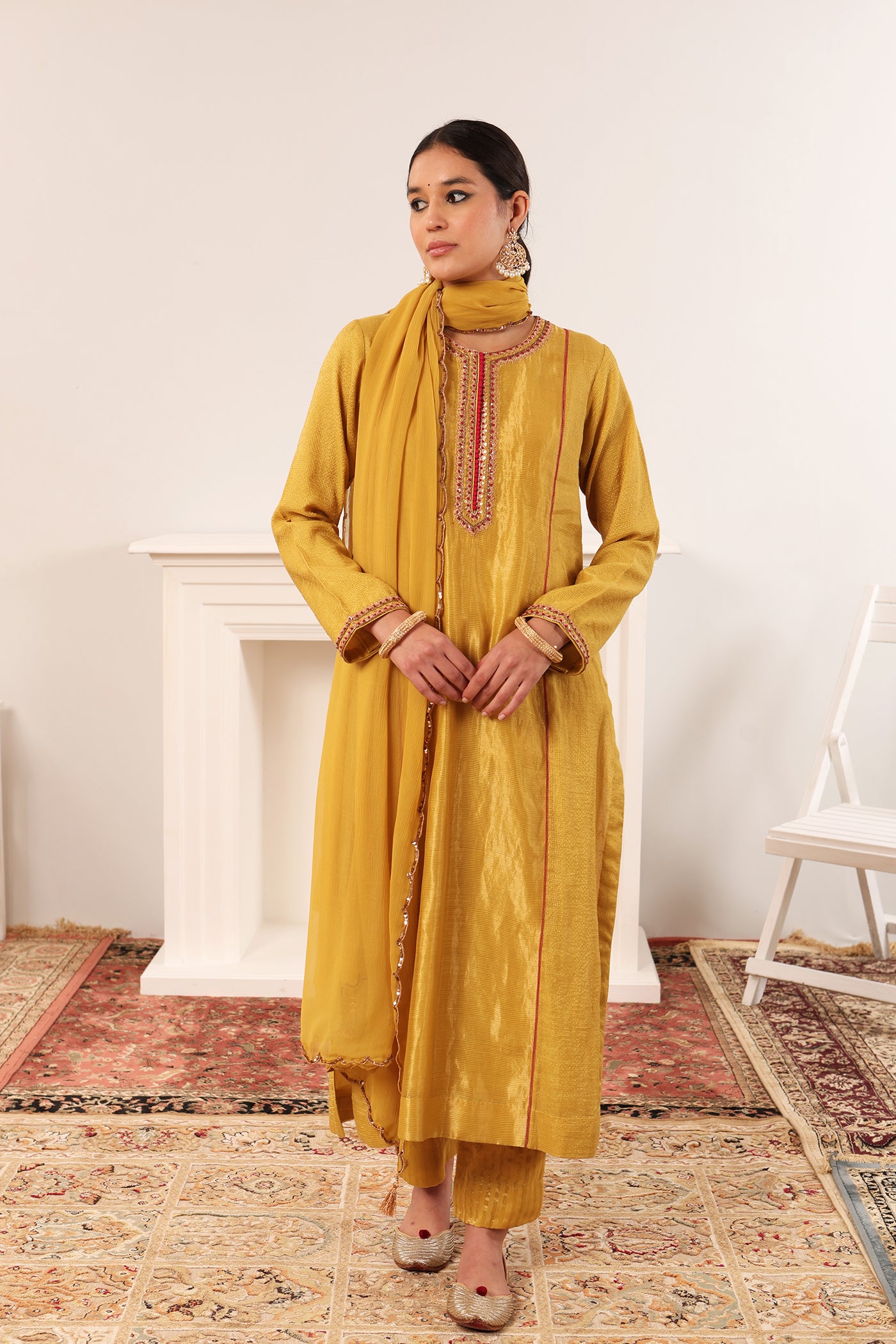 Lime-Green Hand-Embroidered Handloom Pure Cotton-Silk (Stripes & Checks) Kurta-Pants Set