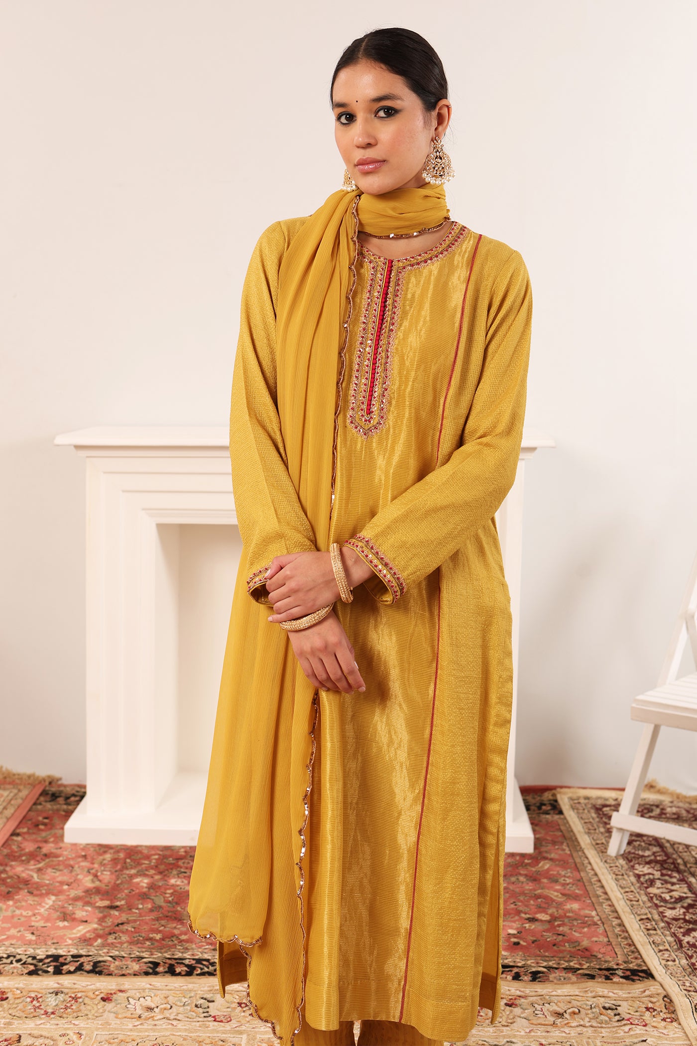 Lime-Green Hand-Embroidered Handloom Pure Cotton-Silk (Stripes & Checks) Kurta-Pants Set