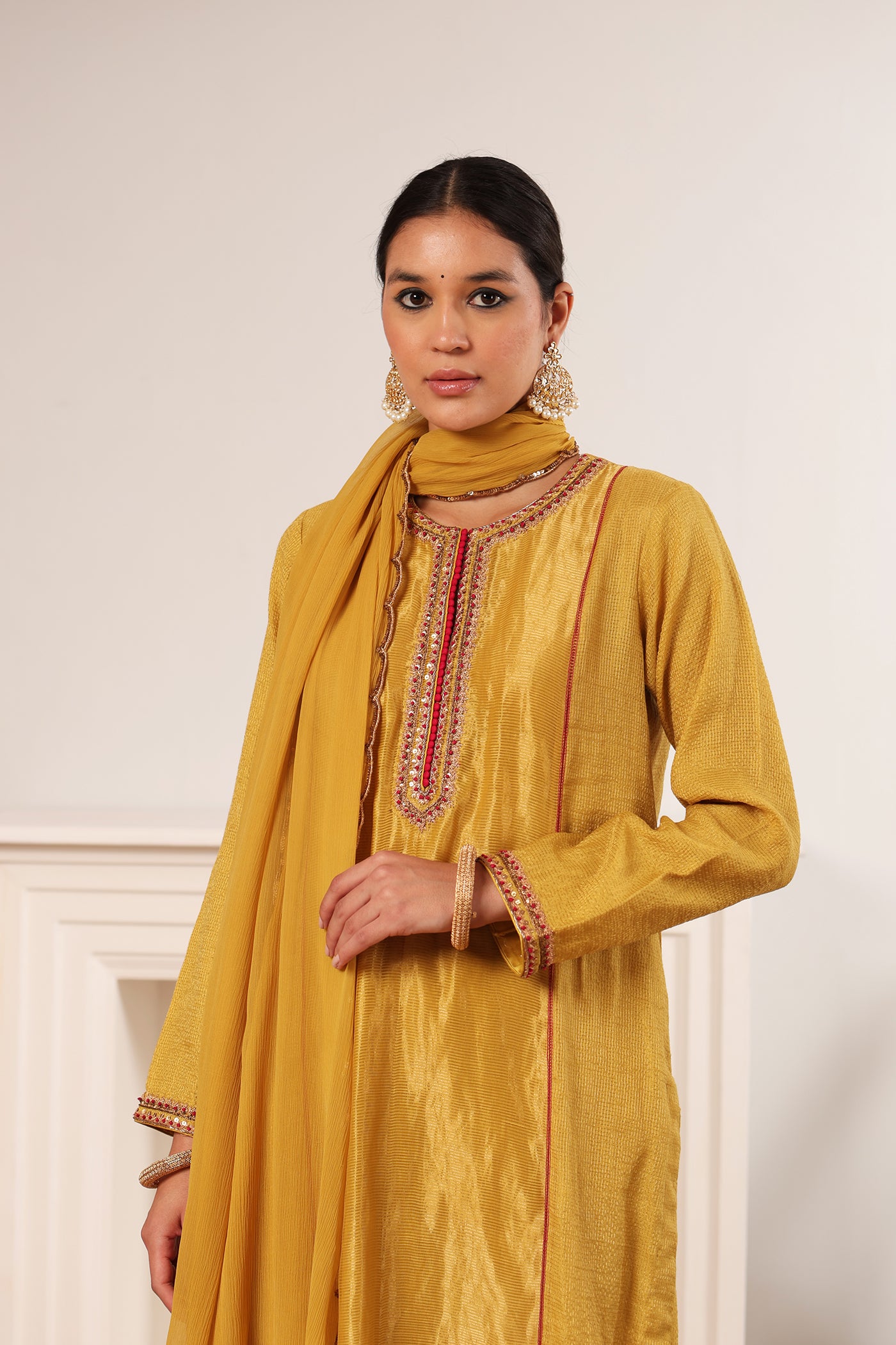 Lime-Green Hand-Embroidered Handloom Pure Cotton-Silk (Stripes & Checks) Kurta-Pants Set