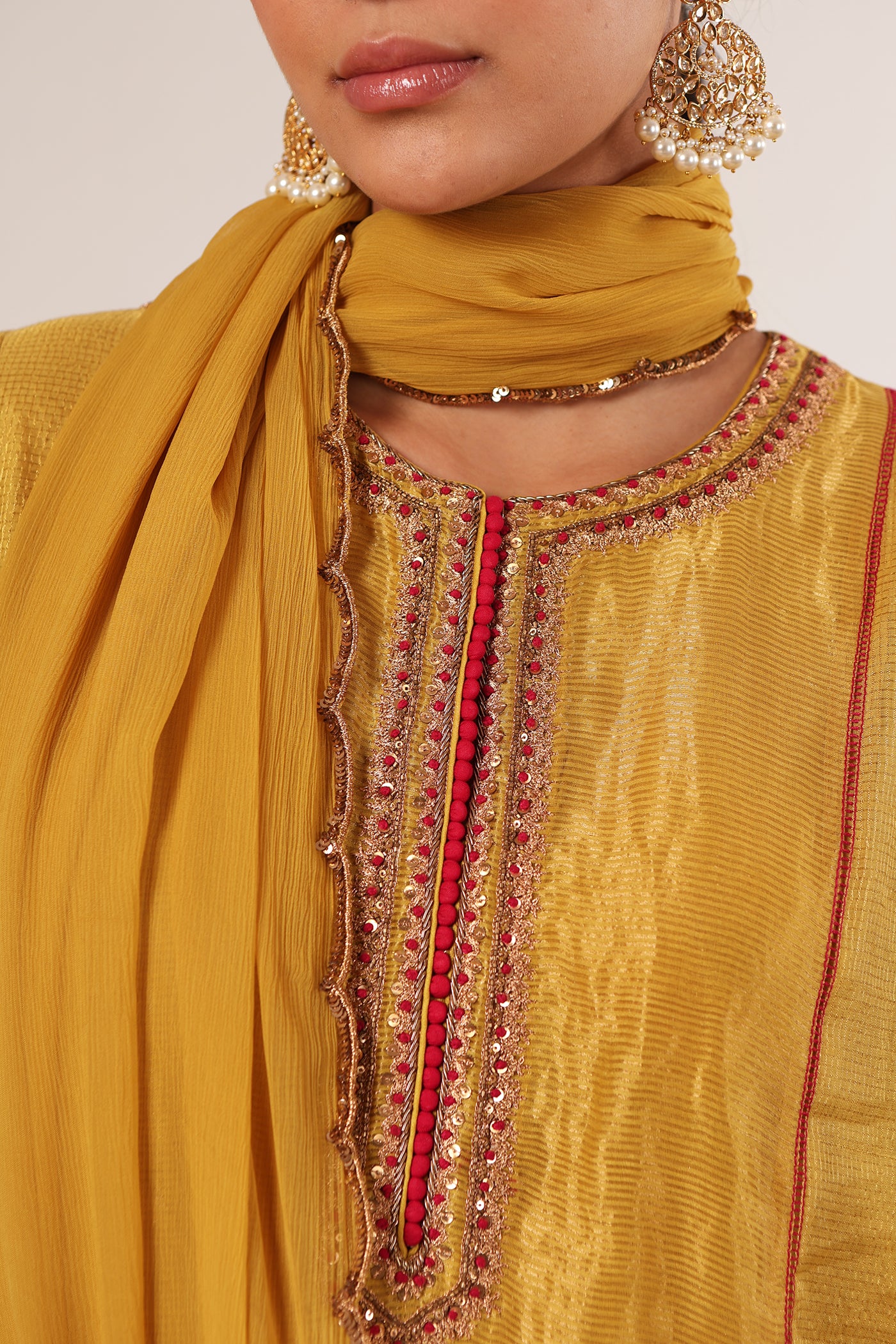 Lime-Green Hand-Embroidered Handloom Pure Cotton-Silk (Stripes & Checks) Kurta-Pants Set