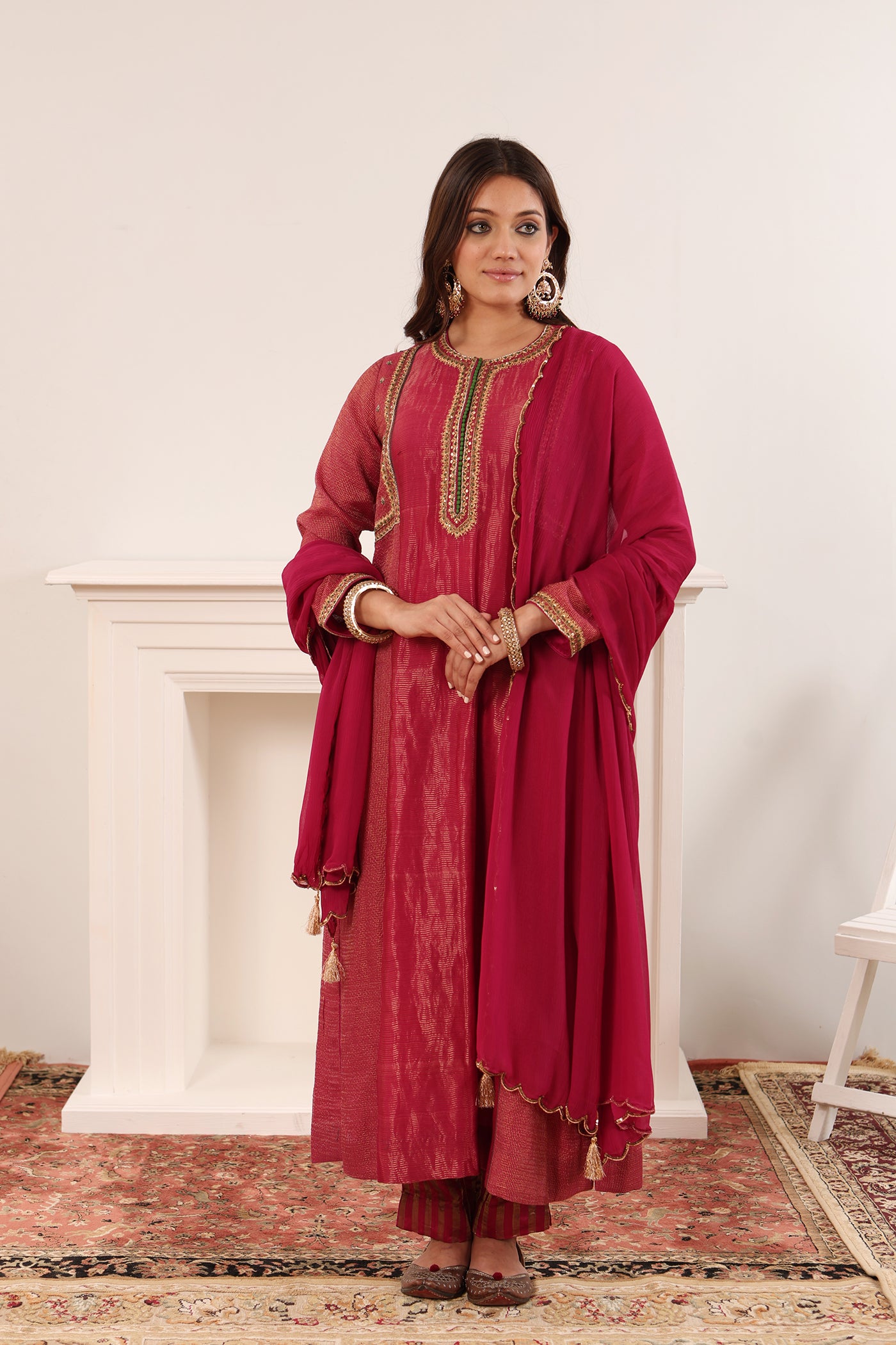 Majenta-Pink Hand-Embroidered Handloom Pure Cotton-Silk (Stripes & Checks) Kurta-Pants Set