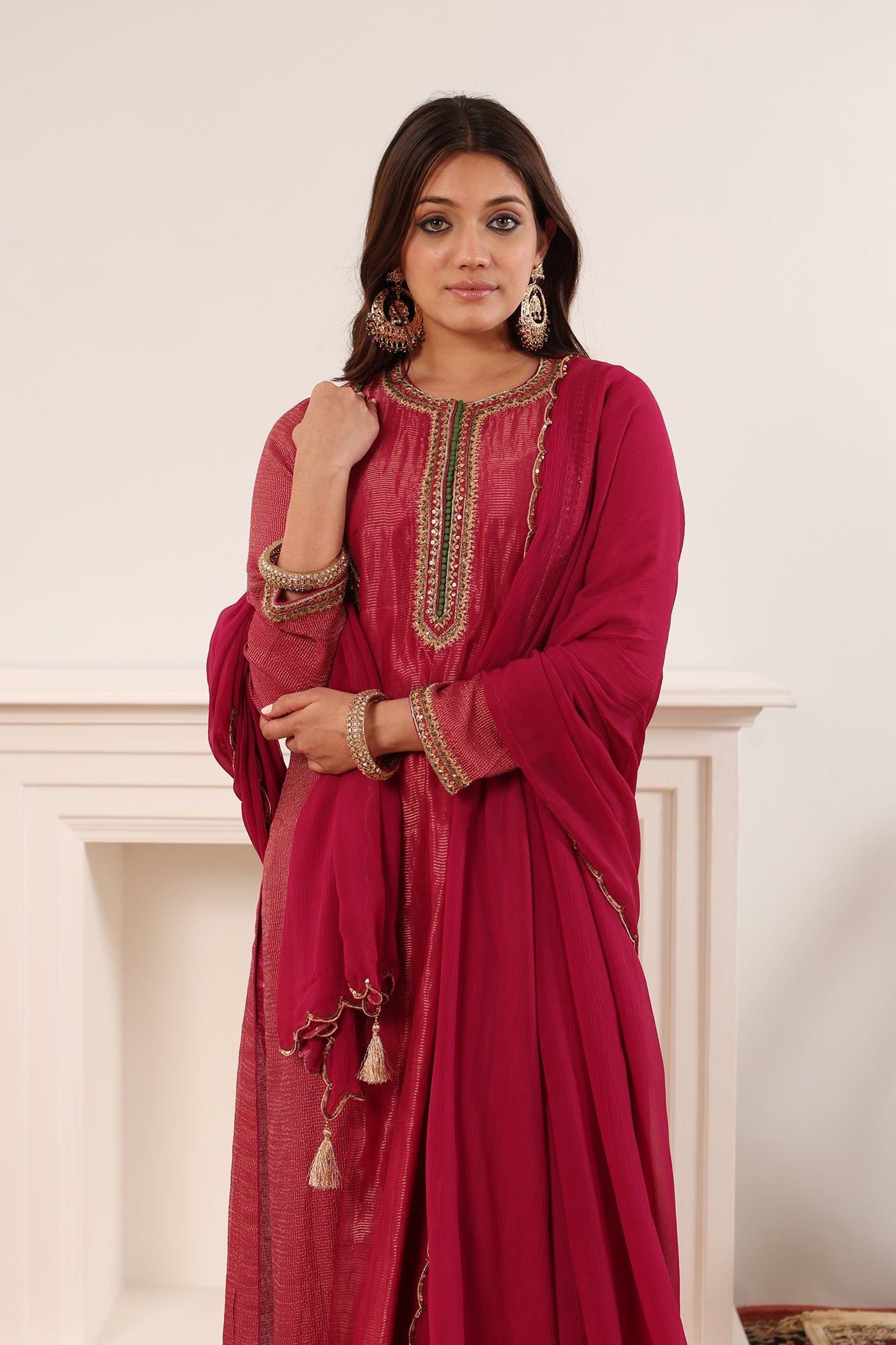 Majenta-Pink Hand-Embroidered Handloom Pure Cotton-Silk (Stripes & Checks) Kurta-Pants Set