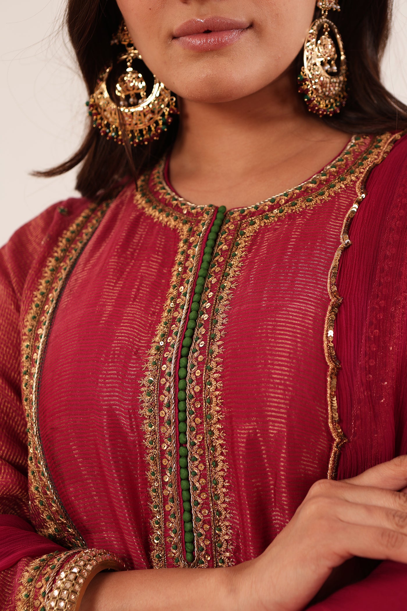 Majenta-Pink Hand-Embroidered Handloom Pure Cotton-Silk (Stripes & Checks) Kurta-Pants Set