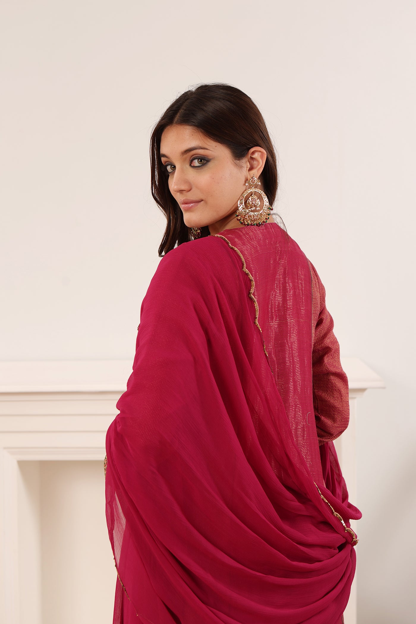 Majenta-Pink Hand-Embroidered Handloom Pure Cotton-Silk (Stripes & Checks) Kurta-Pants Set