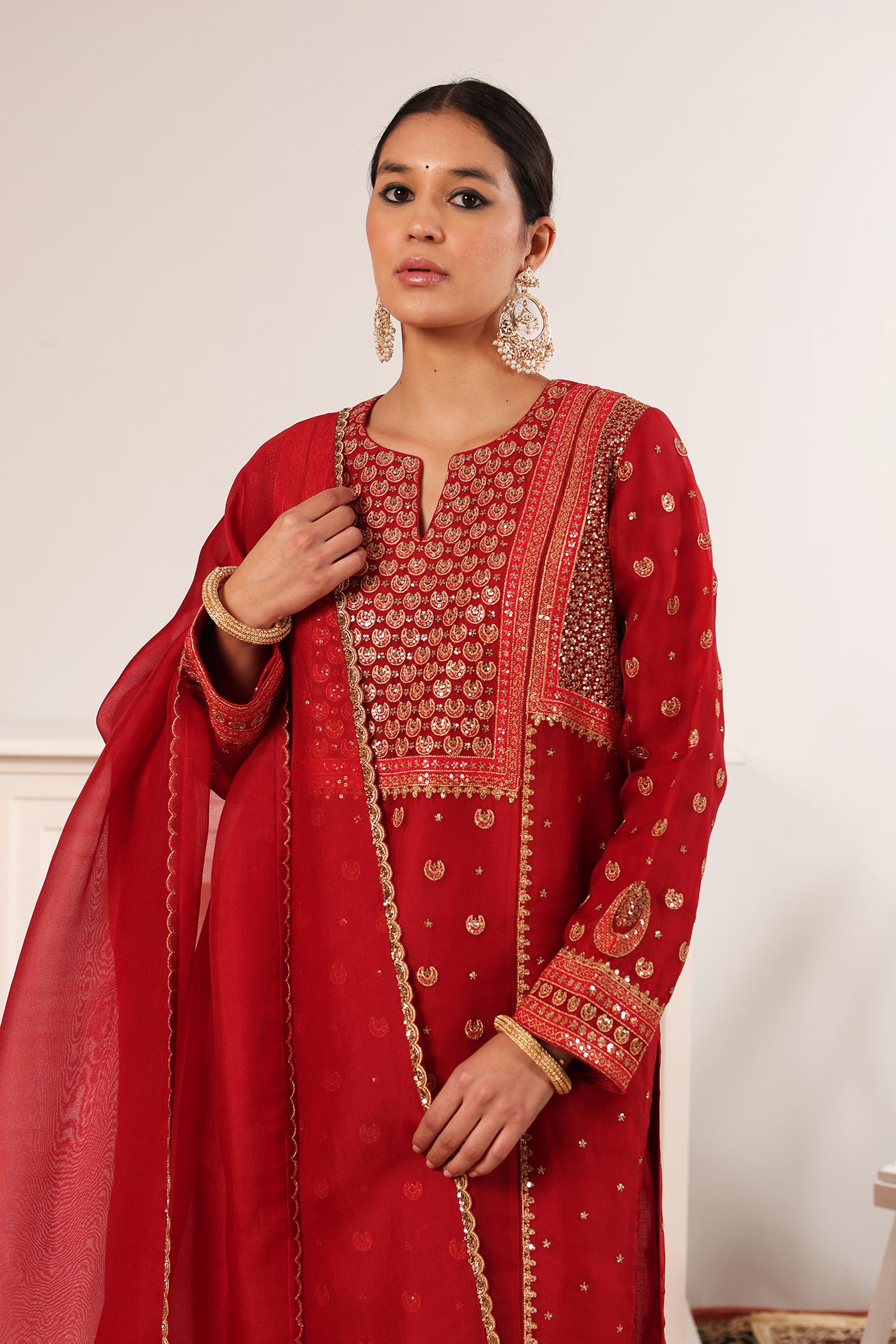 Bridal-Red Hand-Embroidered Pure Silk-Organza Kurta-Pants Set