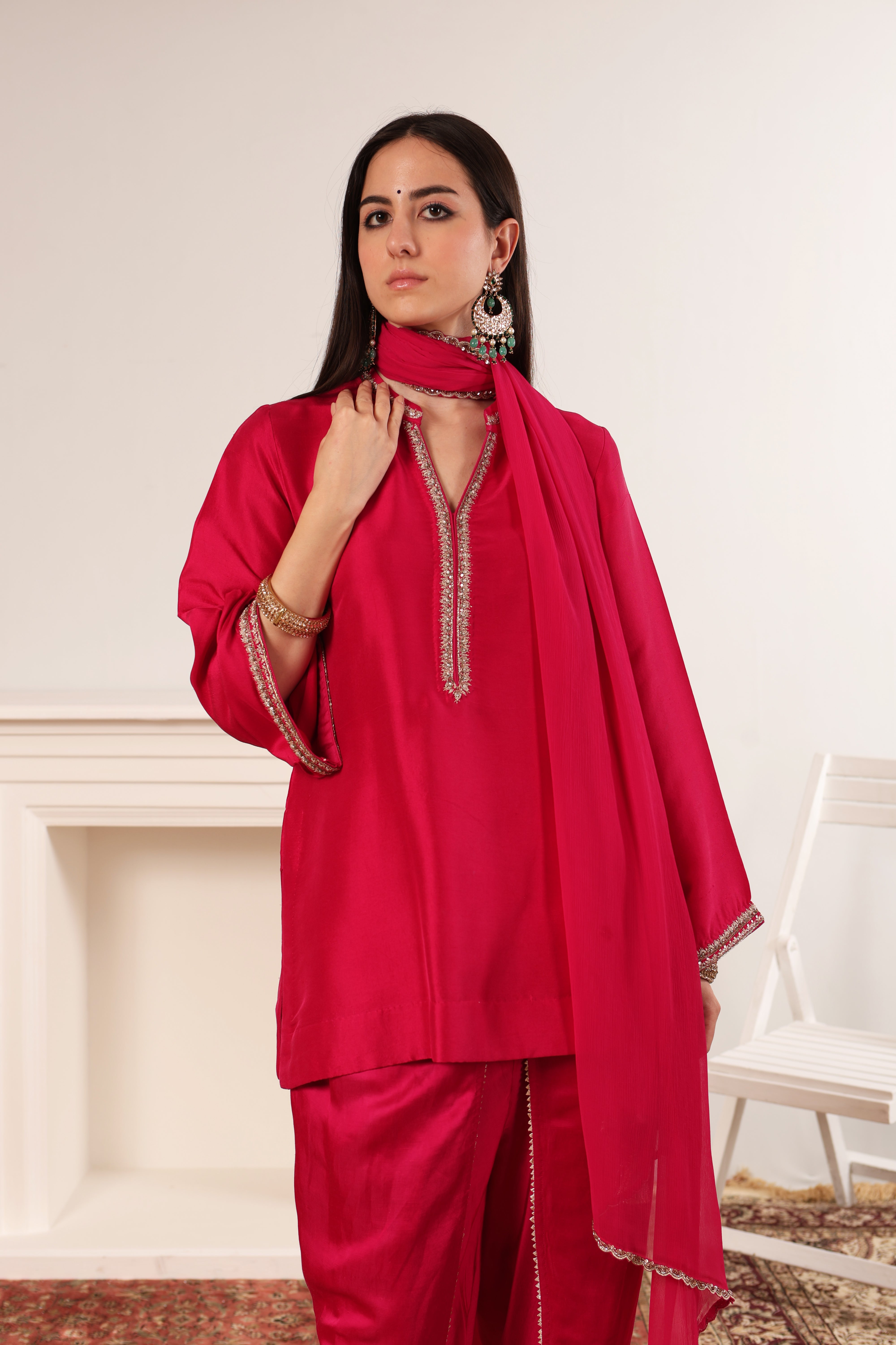Rani-Pink Embroidered Pure Silk-Organza Short Kurta- Dhoti Pants Set