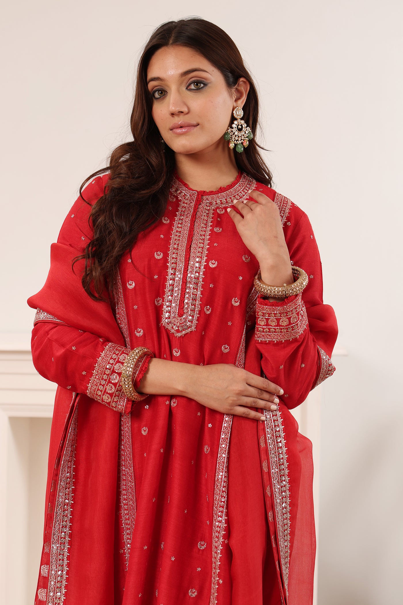 Rust-Red Hand-Embroidered Pure Muga-Silk Kurta-Pants Set