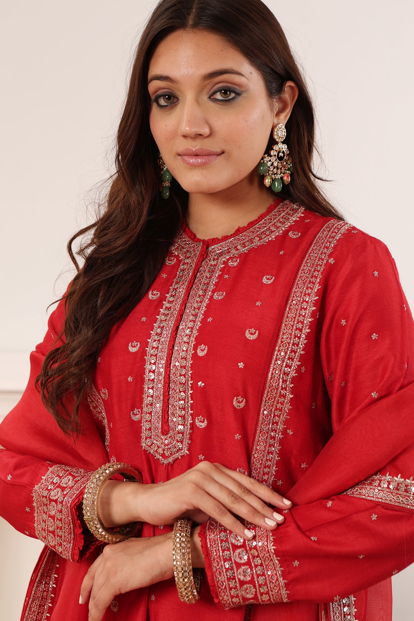 Rust-Red Hand-Embroidered Pure Muga-Silk Kurta-Pants Set