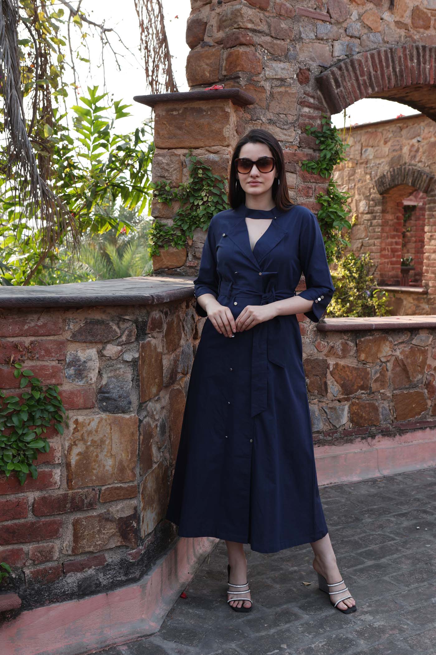 Blue Pure Linen-Cotton Collared Front-Open Long-Dress With Metal Butto