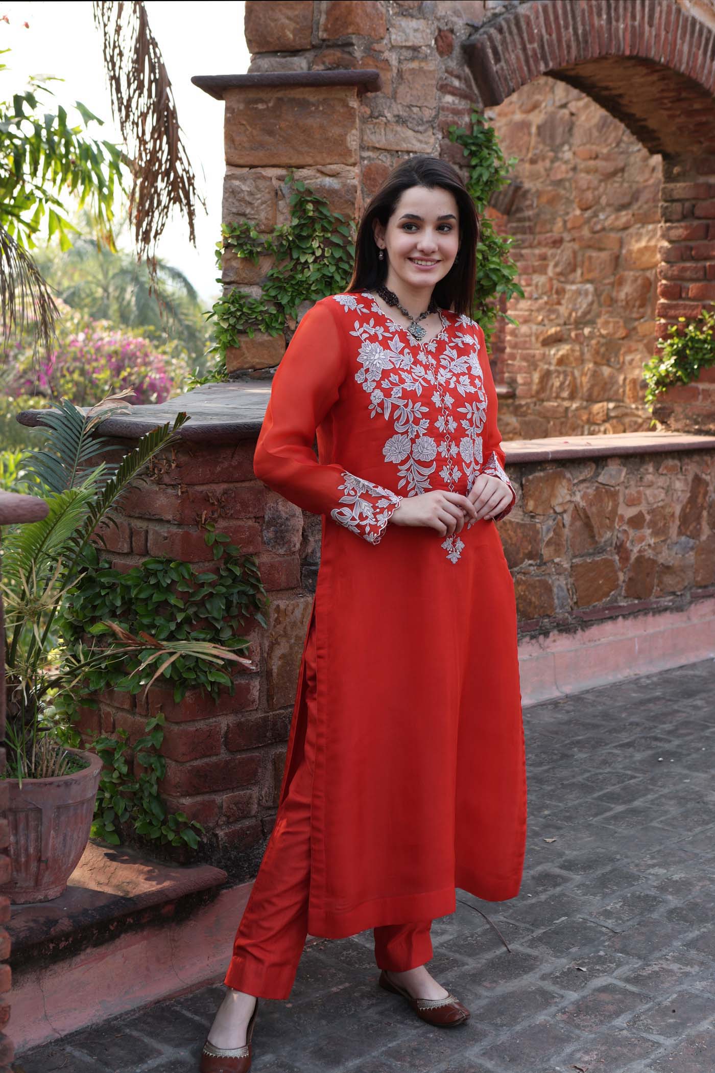 Dusty-Lime Embroidered (Applique & Cuwork) Pure Silk-Organza Kurta-Pants Set