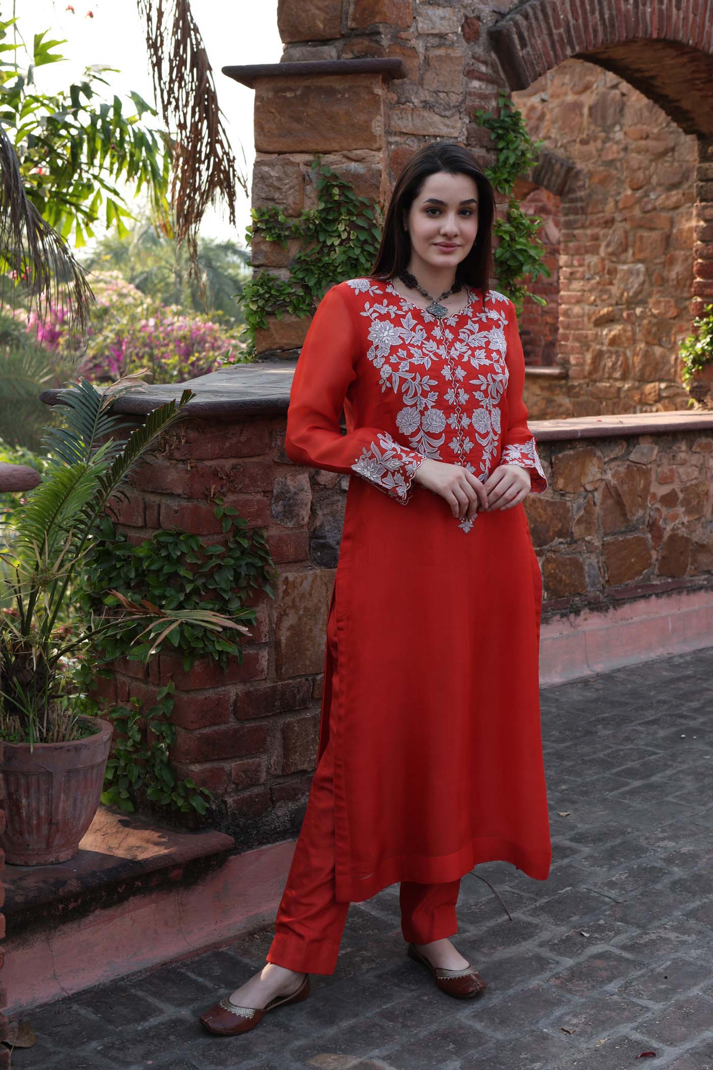 Dusty-Lime Embroidered (Applique & Cuwork) Pure Silk-Organza Kurta-Pants Set