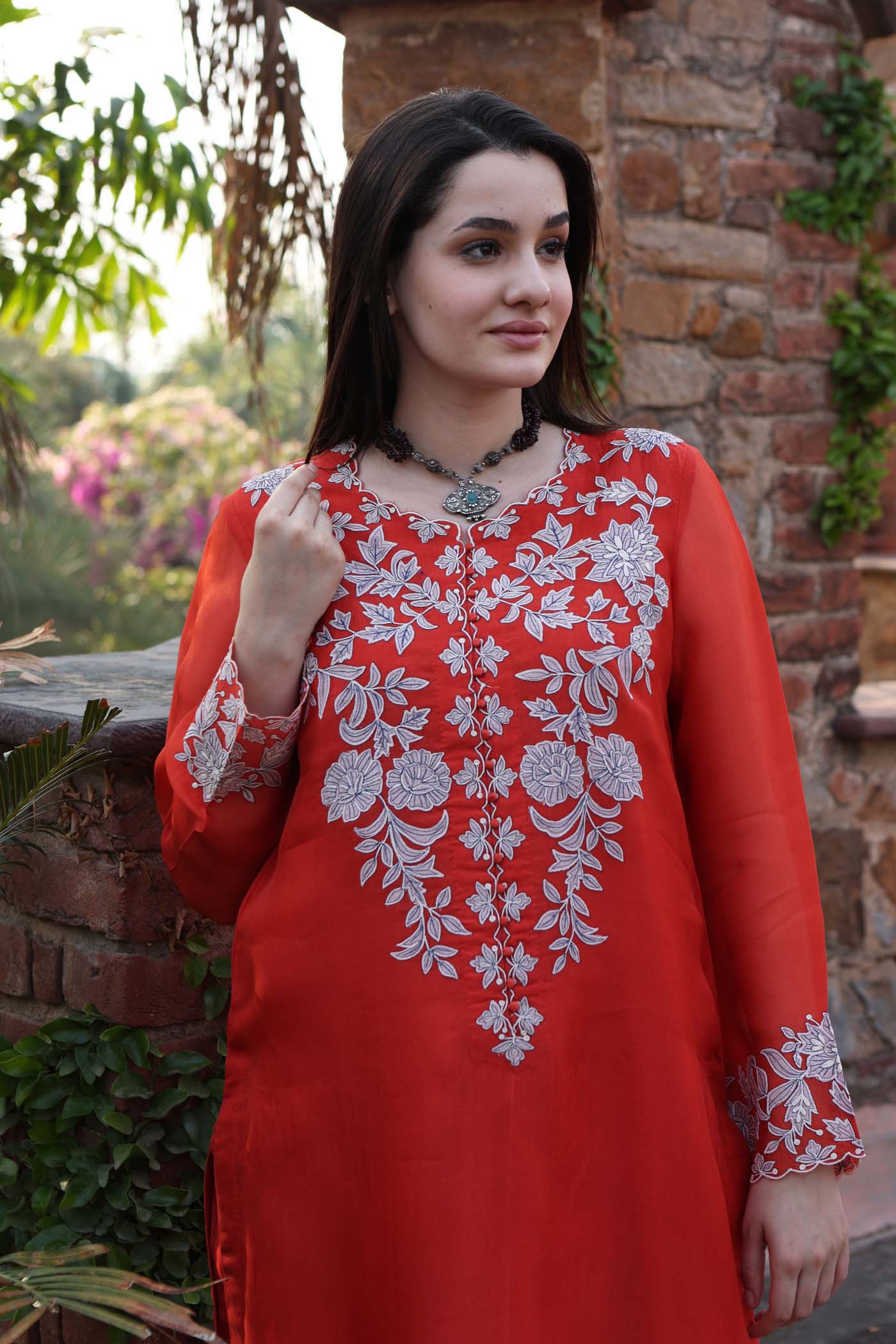 Dusty-Lime Embroidered (Applique & Cuwork) Pure Silk-Organza Kurta-Pants Set