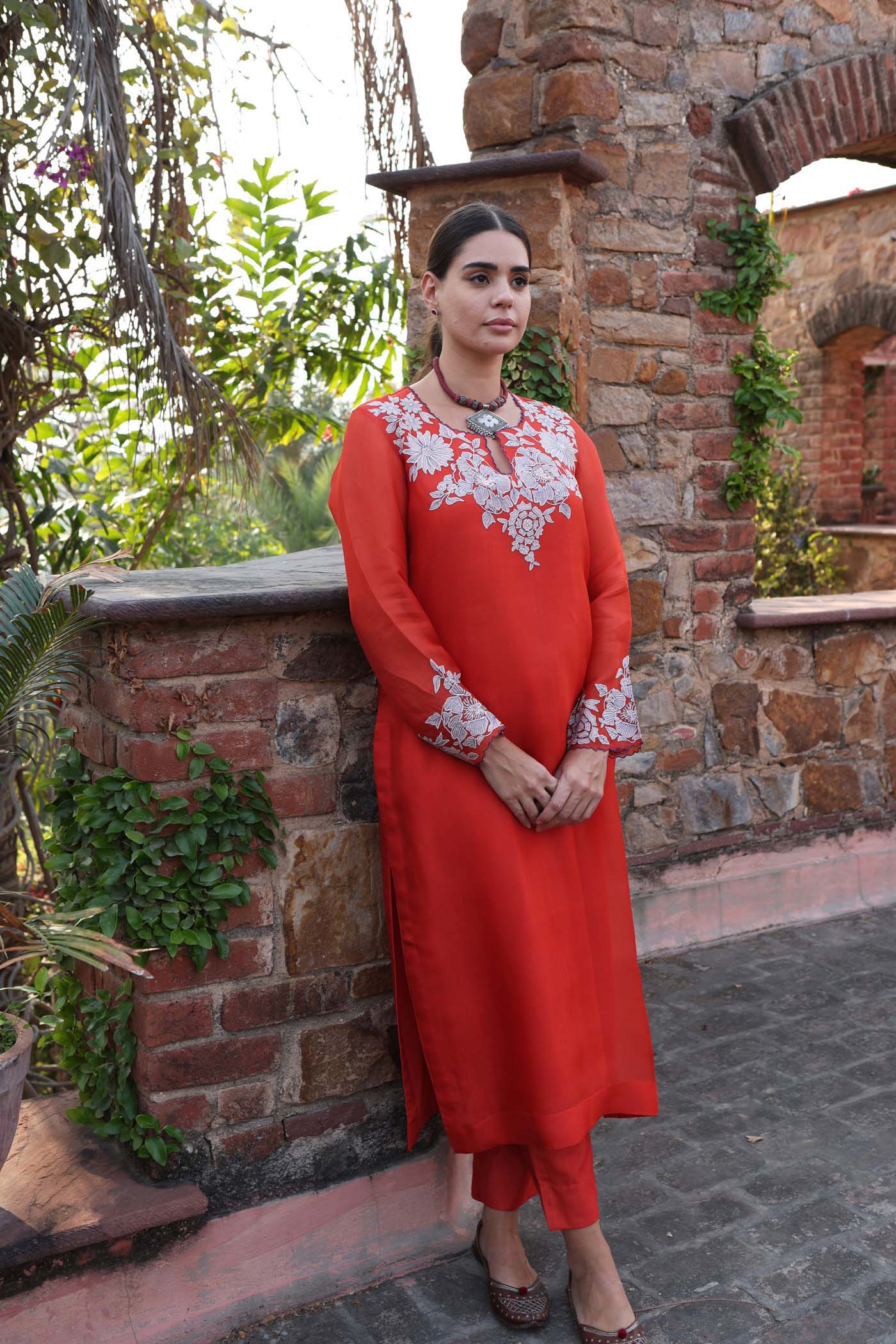 Dusty-Orange Embroidered (Applique & Cuwork) Pure Silk-Organza Kurta-Pants Set