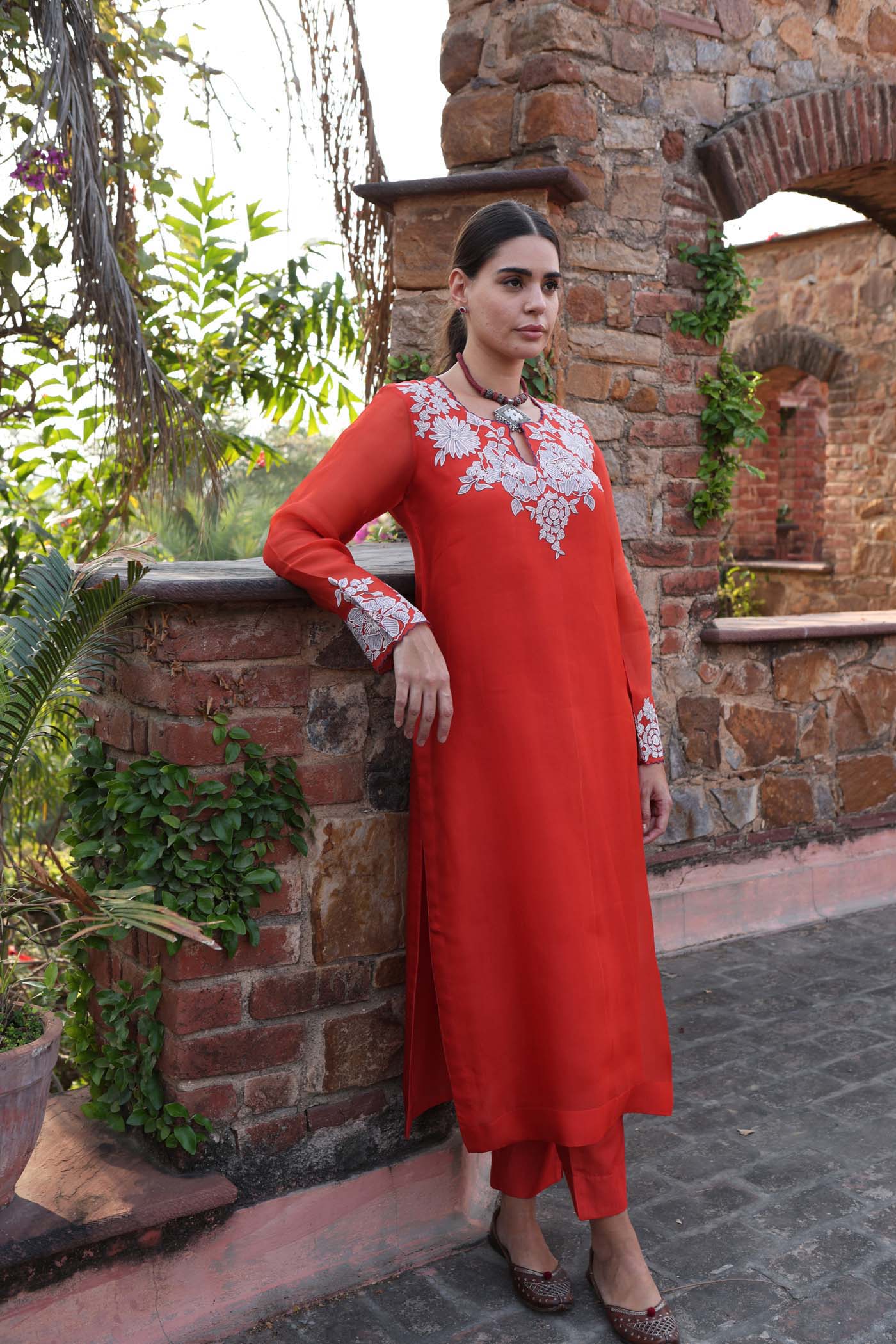Dusty-Orange Embroidered (Applique & Cuwork) Pure Silk-Organza Kurta-Pants Set