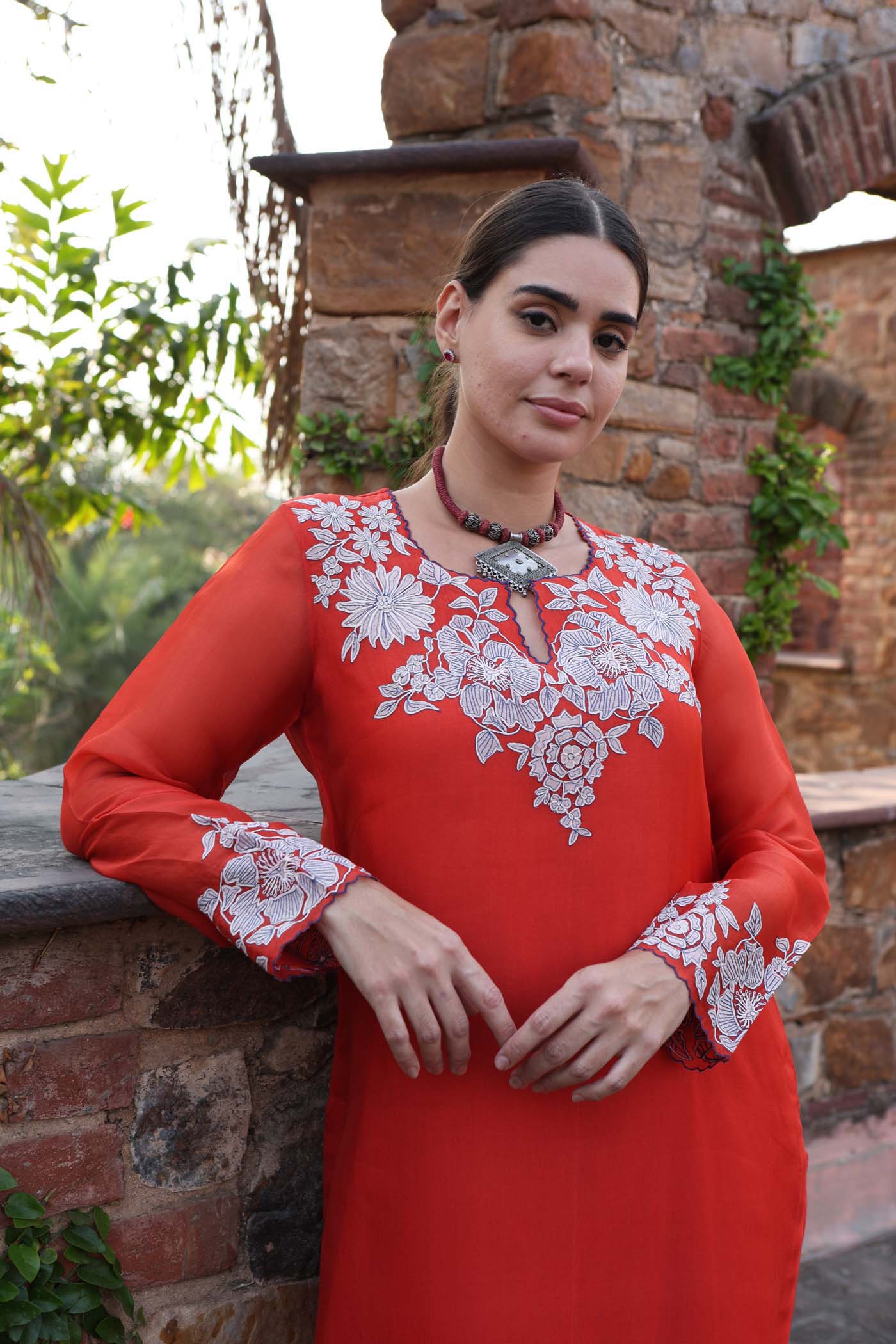 Dusty-Orange Embroidered (Applique & Cuwork) Pure Silk-Organza Kurta-Pants Set