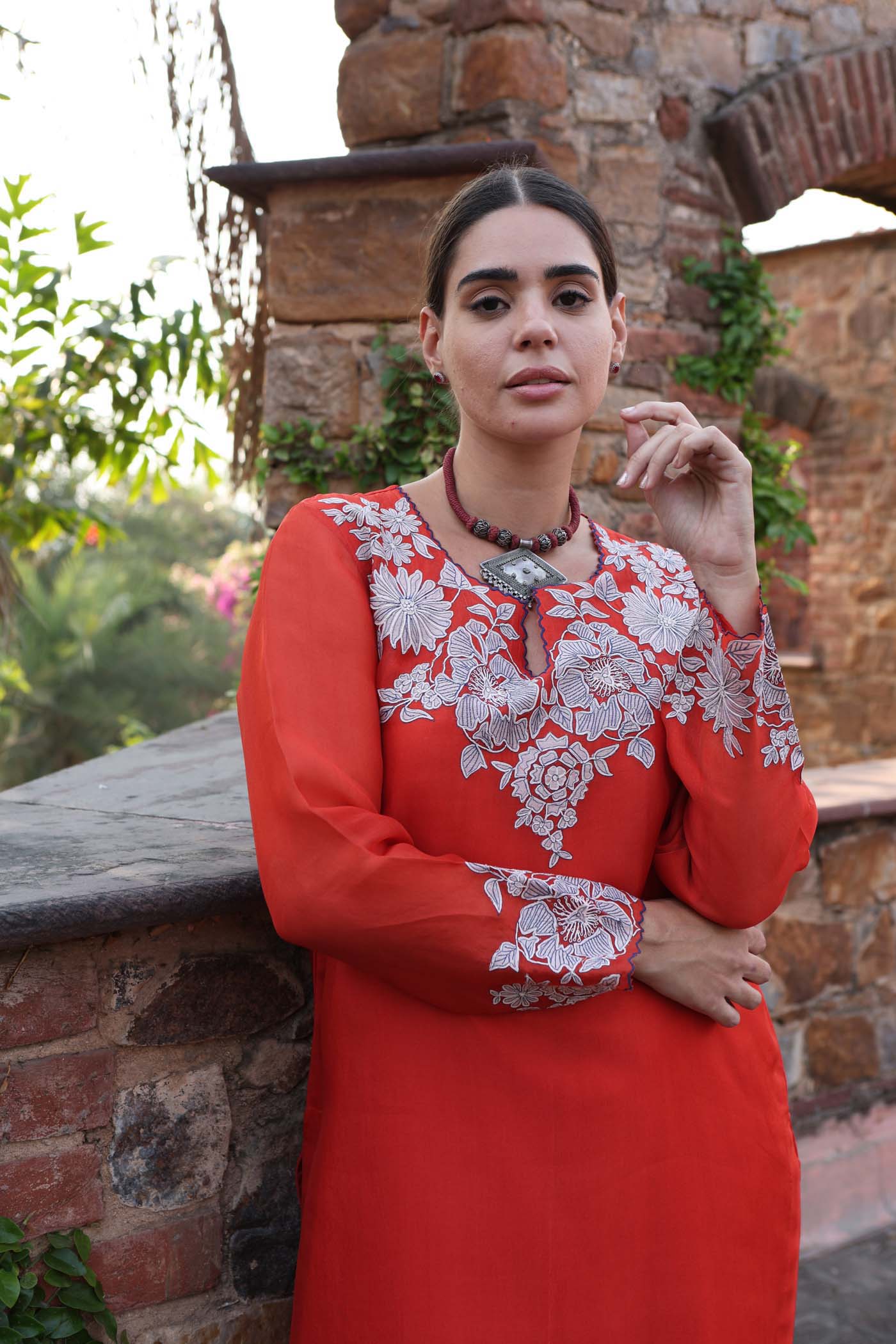 Dusty-Orange Embroidered (Applique & Cuwork) Pure Silk-Organza Kurta-Pants Set
