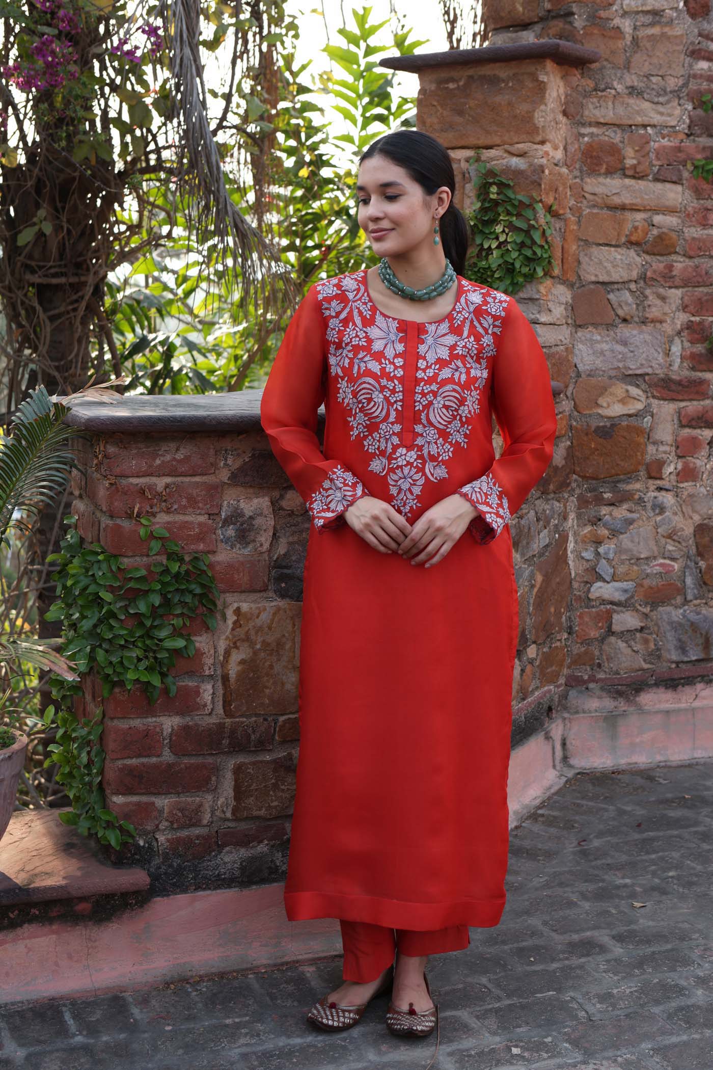 Dusty-Orange Embroidered (Applique & Cuwork) Pure Silk-Organza Kurta-Pants Set