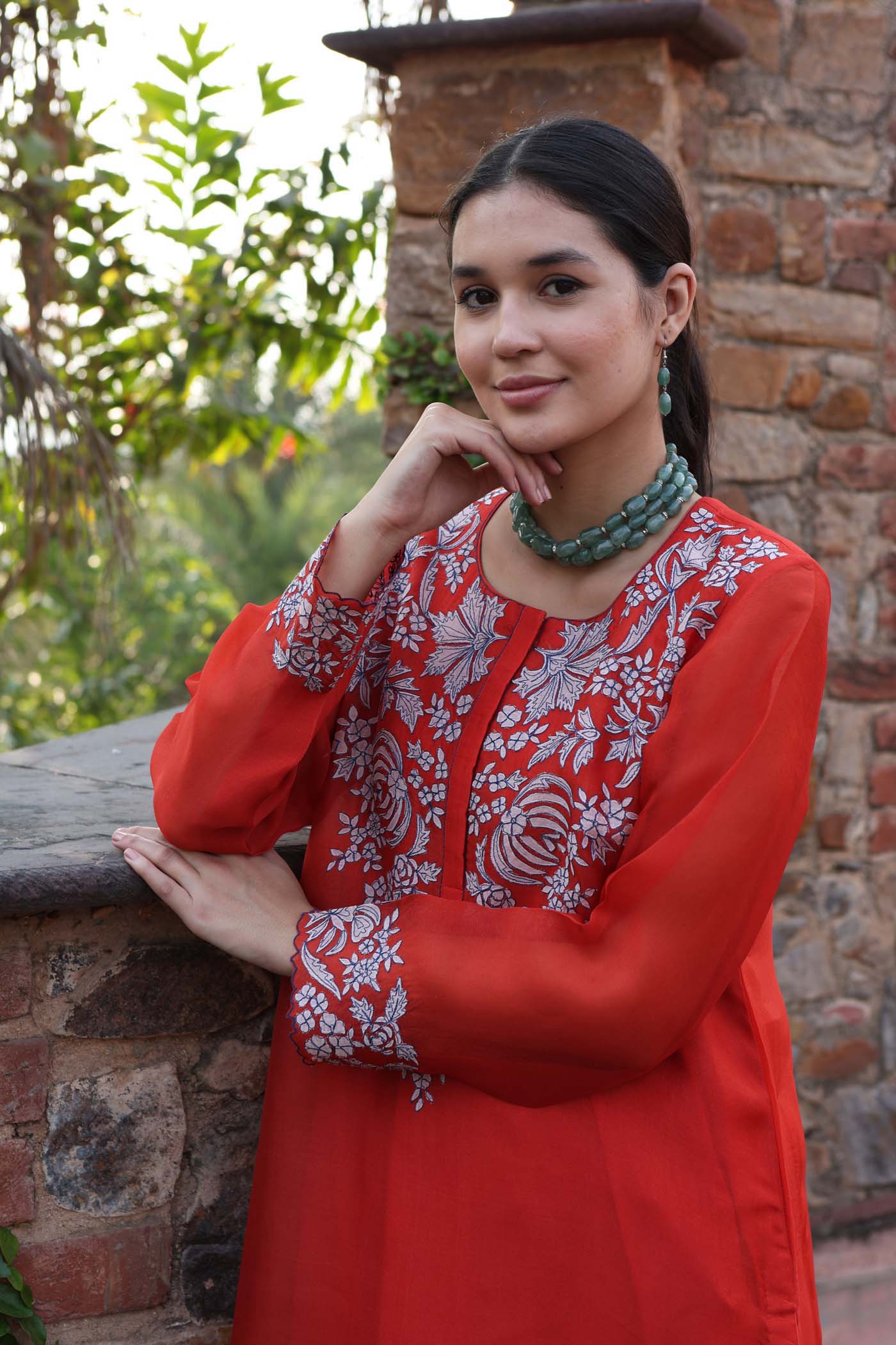 Dusty-Orange Embroidered (Applique & Cuwork) Pure Silk-Organza Kurta-Pants Set