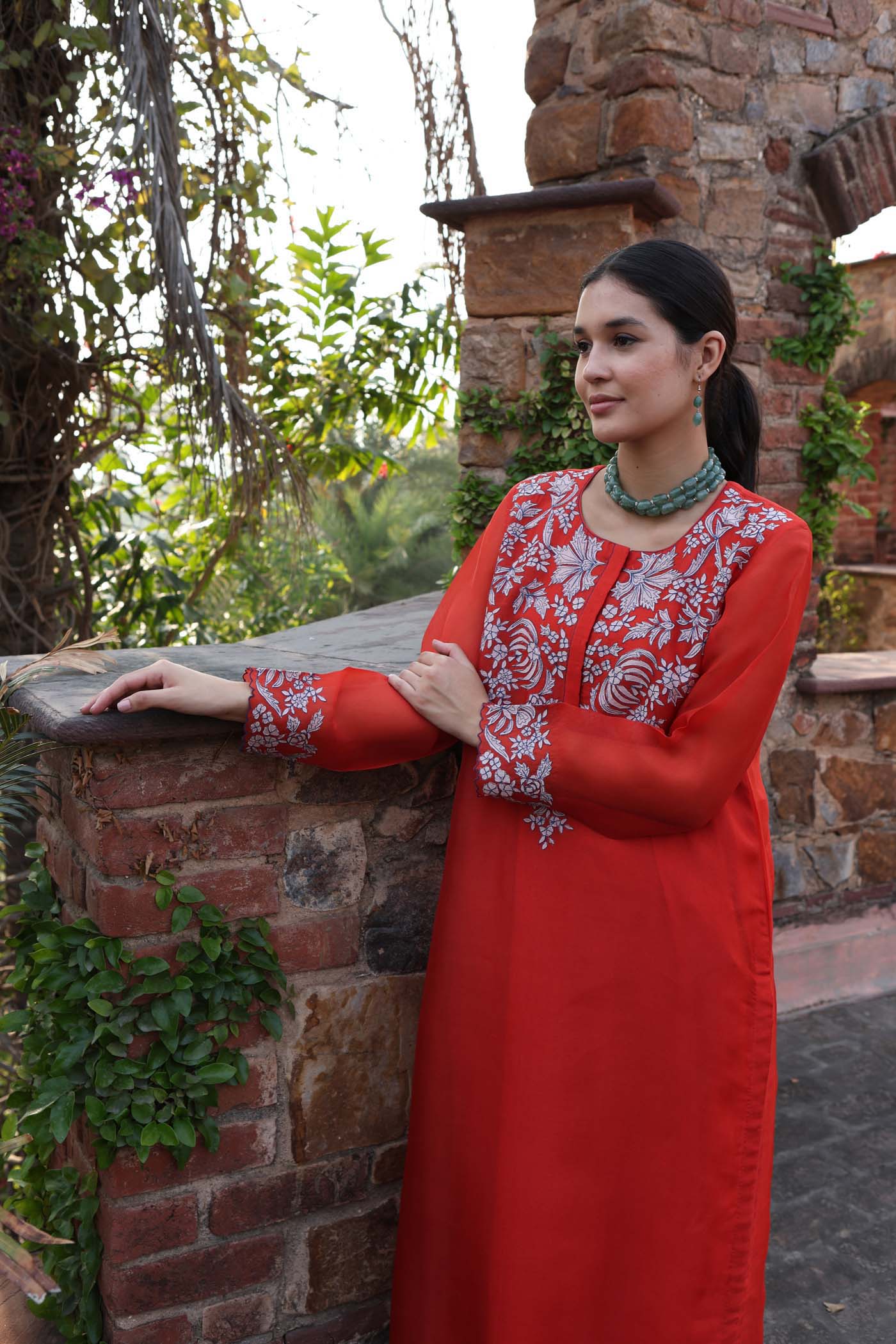 Dusty-Orange Embroidered (Applique & Cuwork) Pure Silk-Organza Kurta-Pants Set
