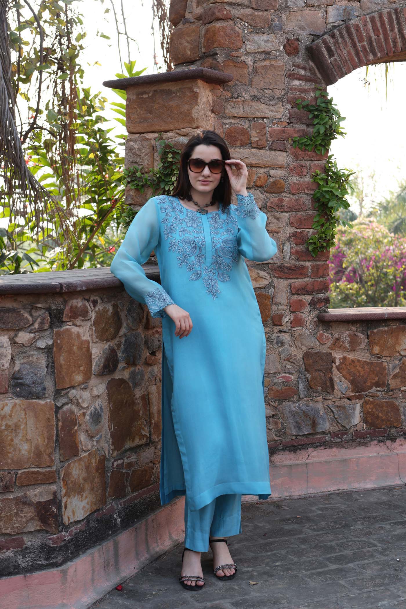 Dusty Sky-Blue Embroidered (Applique & Cuwork) Pure Silk-Organza Kurta-Pants Set