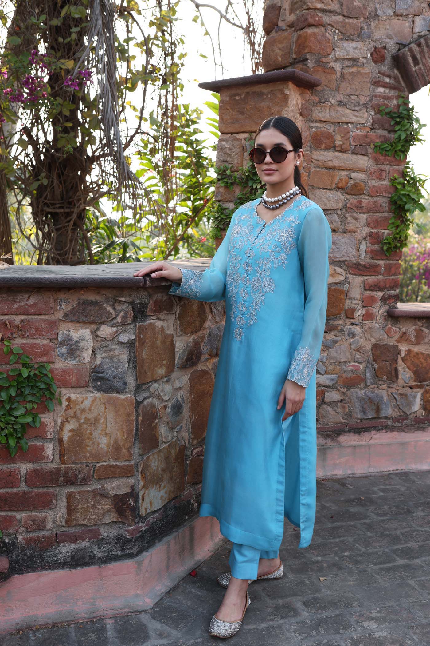 Dusty Sky-Blue Embroidered (Applique & Cuwork) Pure Silk-Organza Kurta-Pants Set