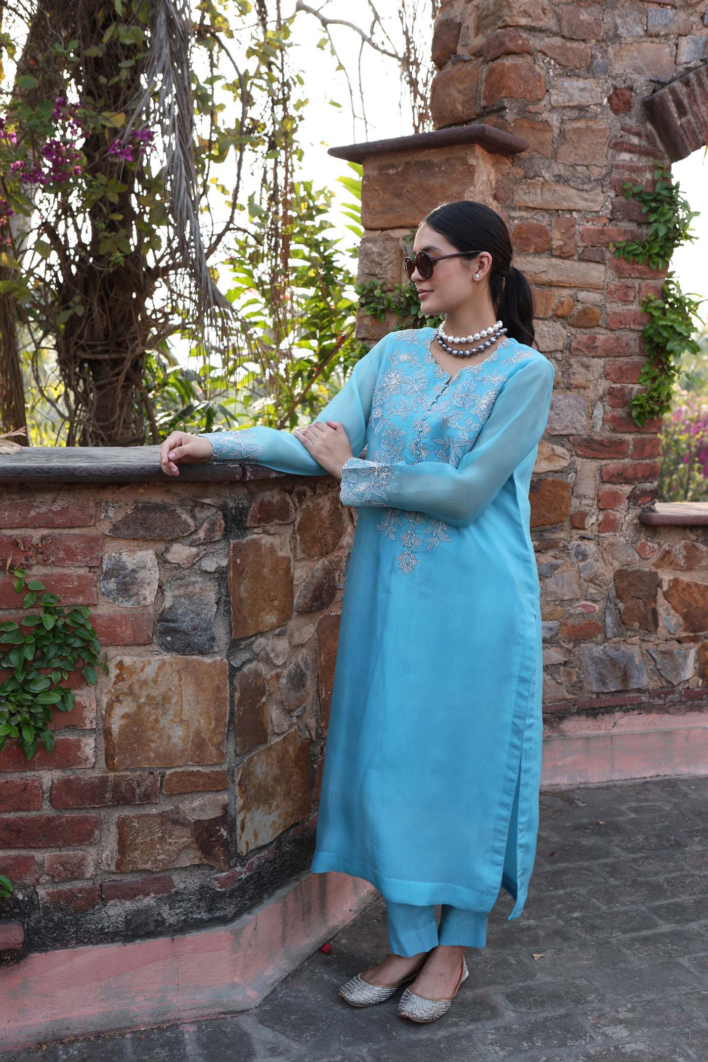 Dusty Sky-Blue Embroidered (Applique & Cuwork) Pure Silk-Organza Kurta-Pants Set