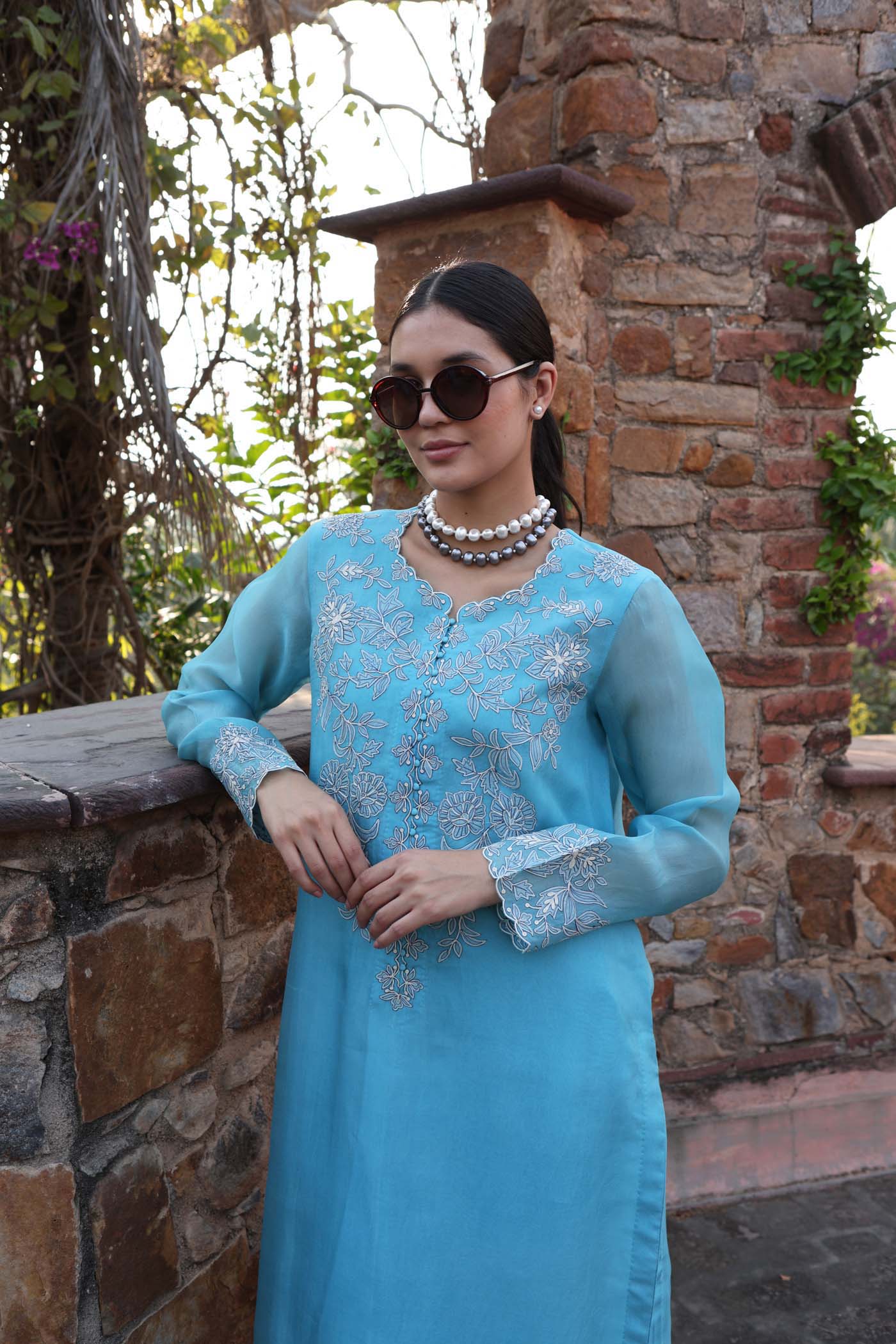 Dusty Sky-Blue Embroidered (Applique & Cuwork) Pure Silk-Organza Kurta-Pants Set