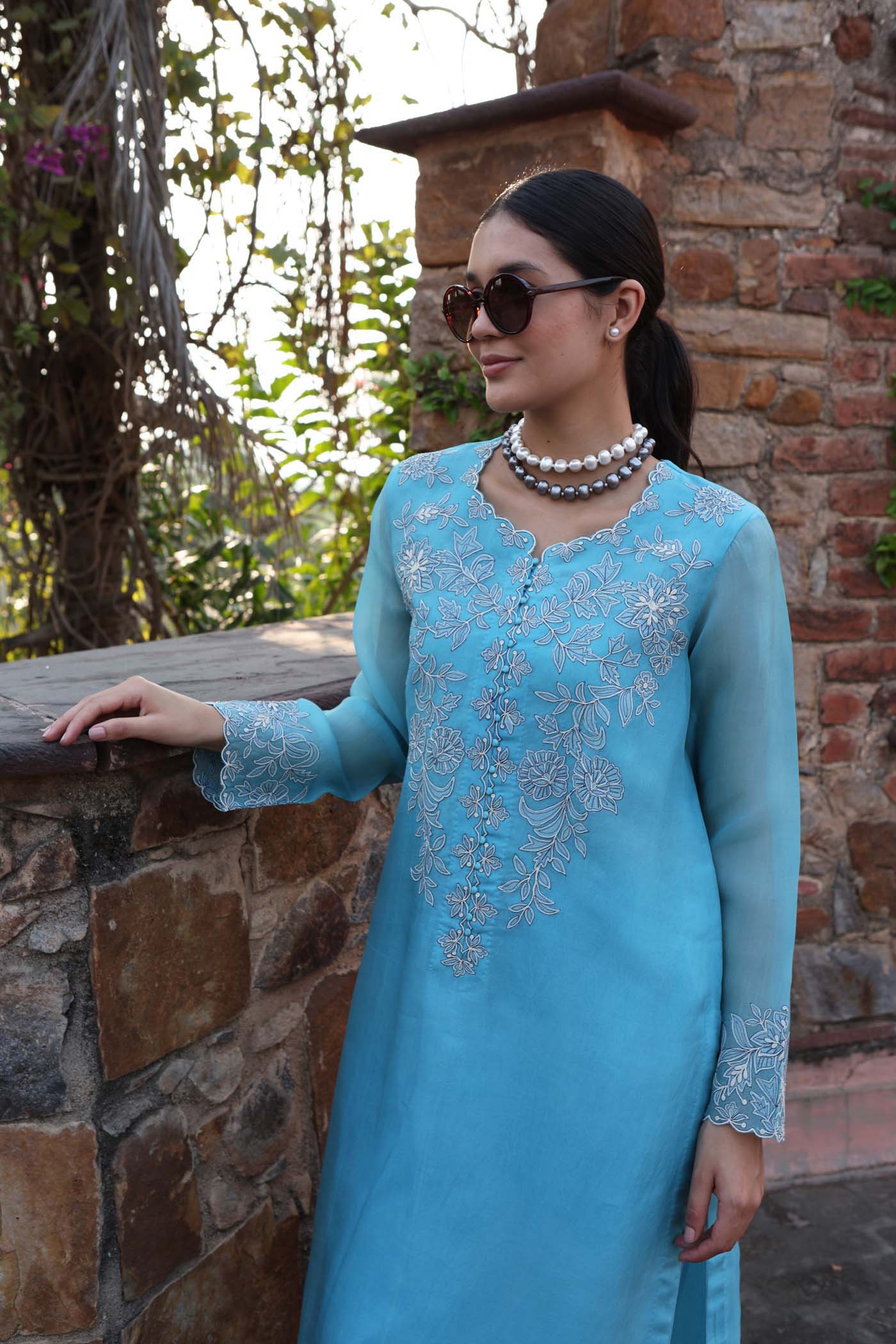 Dusty Sky-Blue Embroidered (Applique & Cuwork) Pure Silk-Organza Kurta-Pants Set