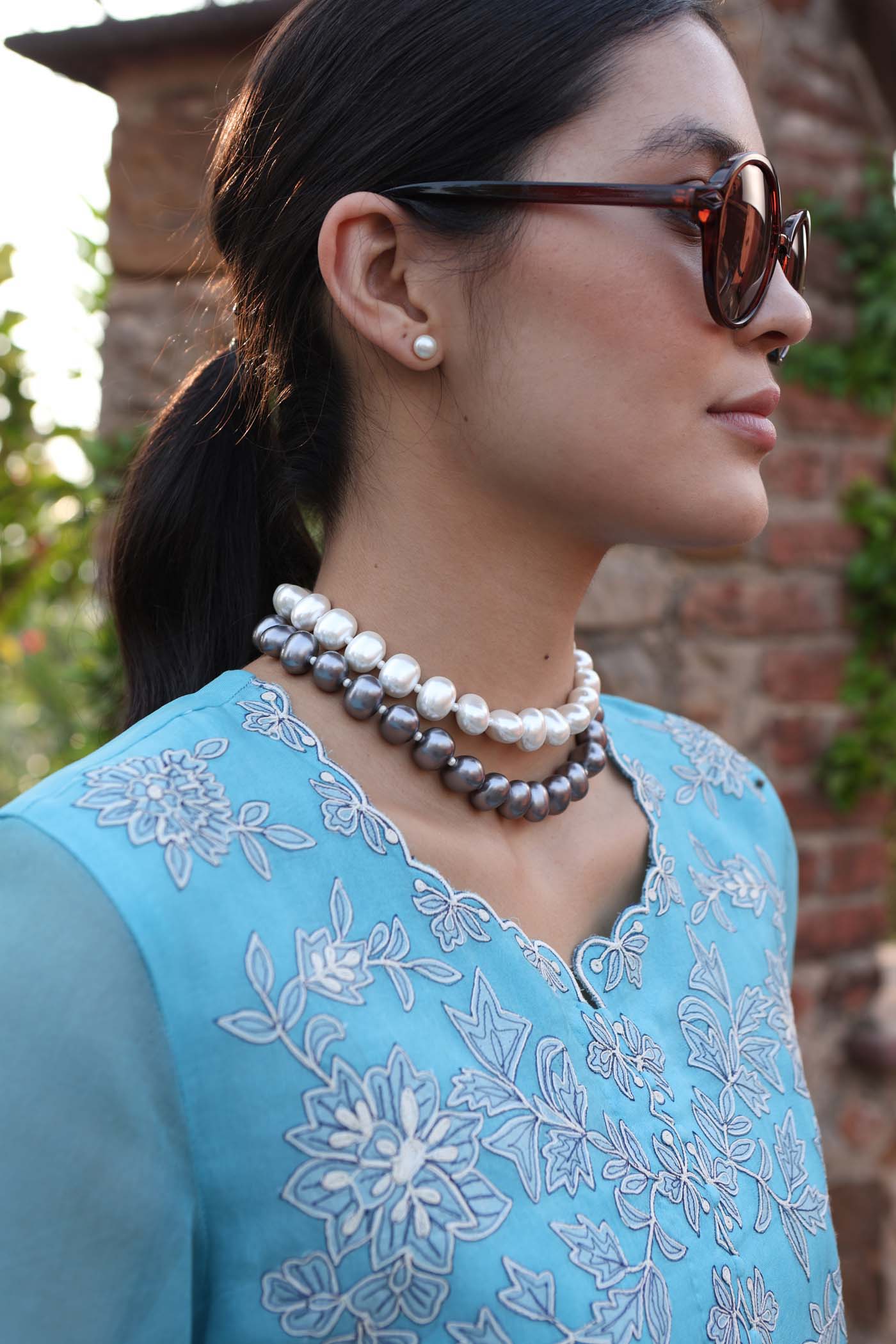 Dusty Sky-Blue Embroidered (Applique & Cuwork) Pure Silk-Organza Kurta-Pants Set