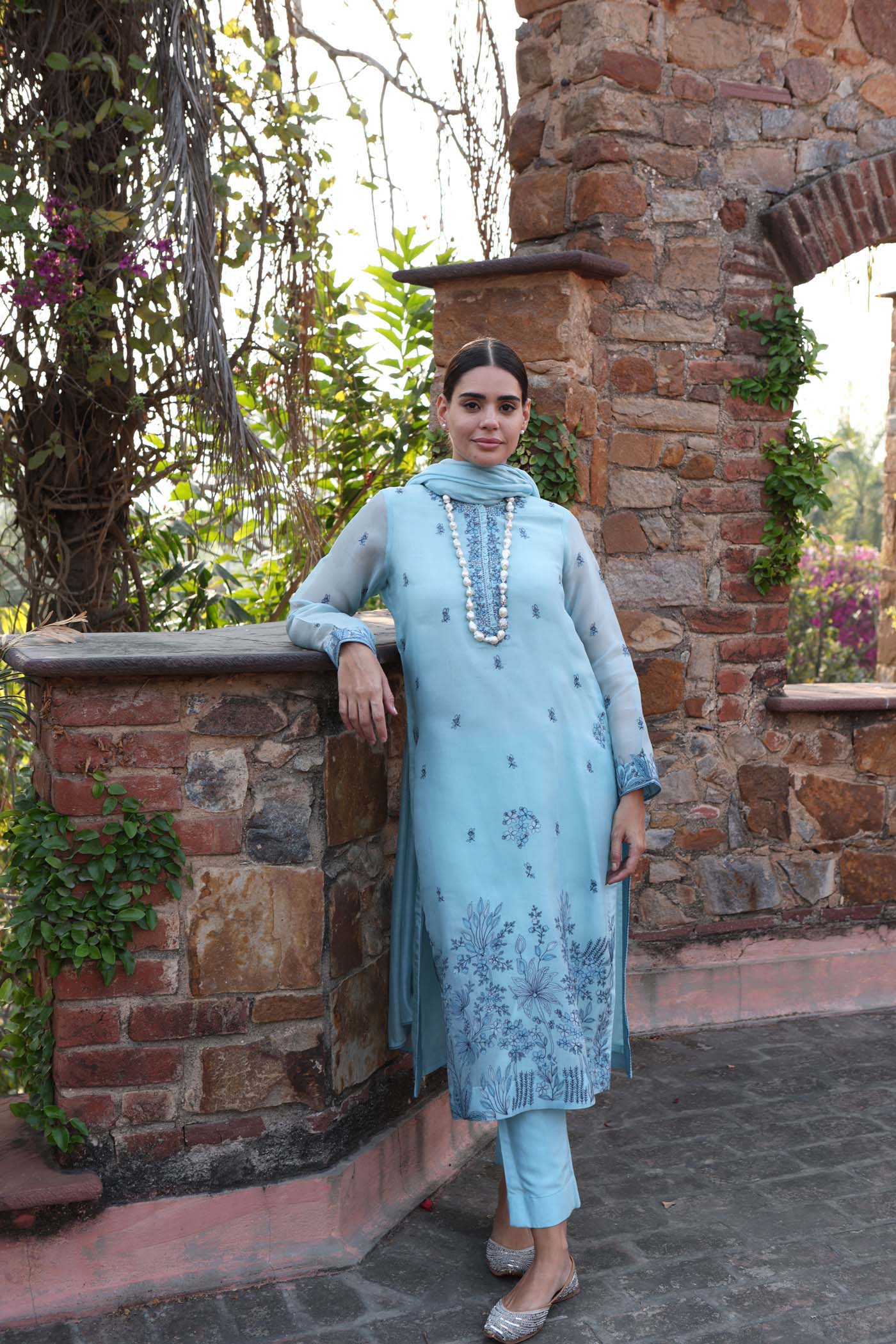 Dusty Sky-Blue Embroidered (Applique & Cuwork) Pure Silk-Organza Kurta-Pants Set