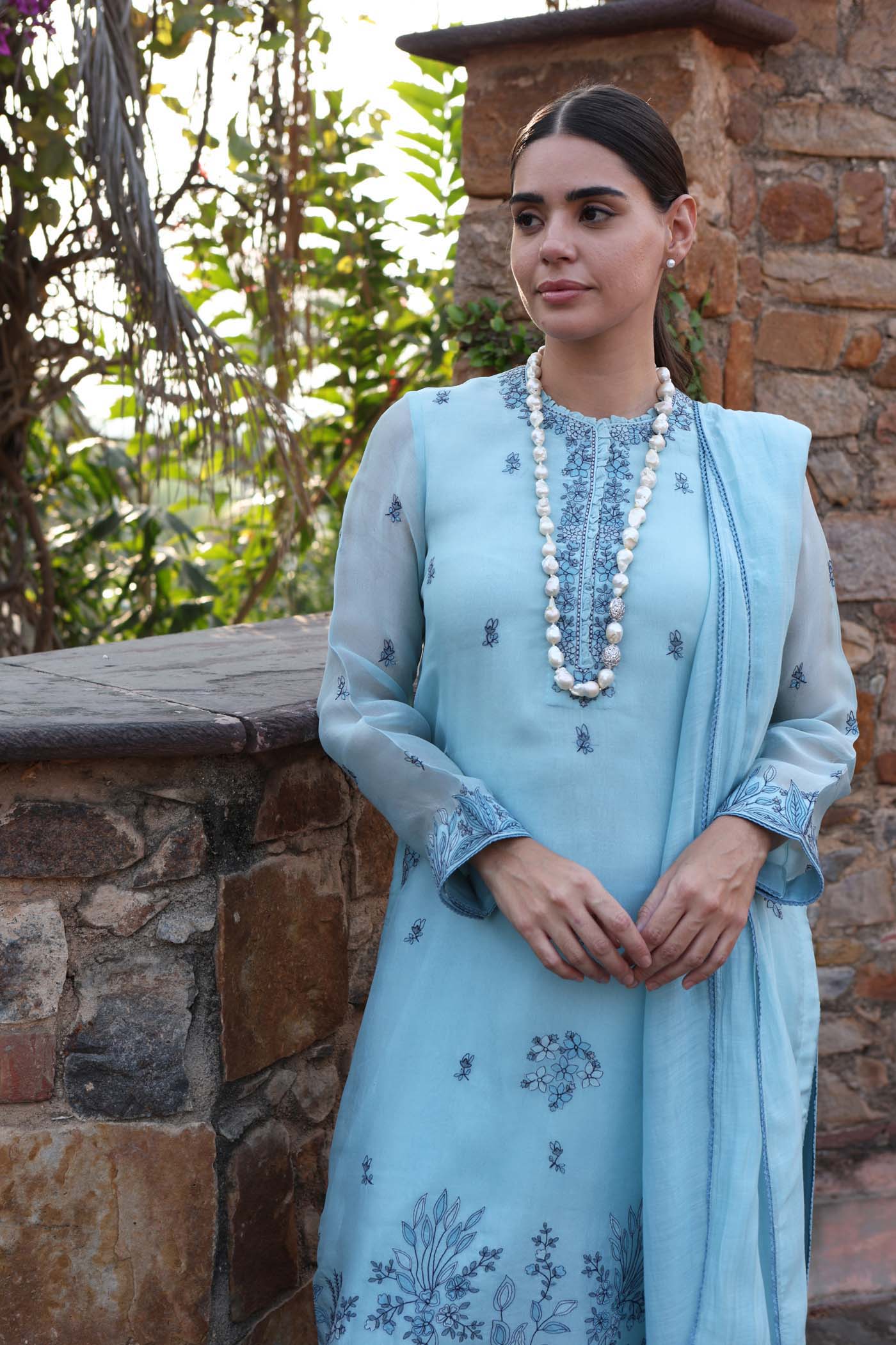Dusty Sky-Blue Embroidered (Applique & Cuwork) Pure Silk-Organza Kurta-Pants Set