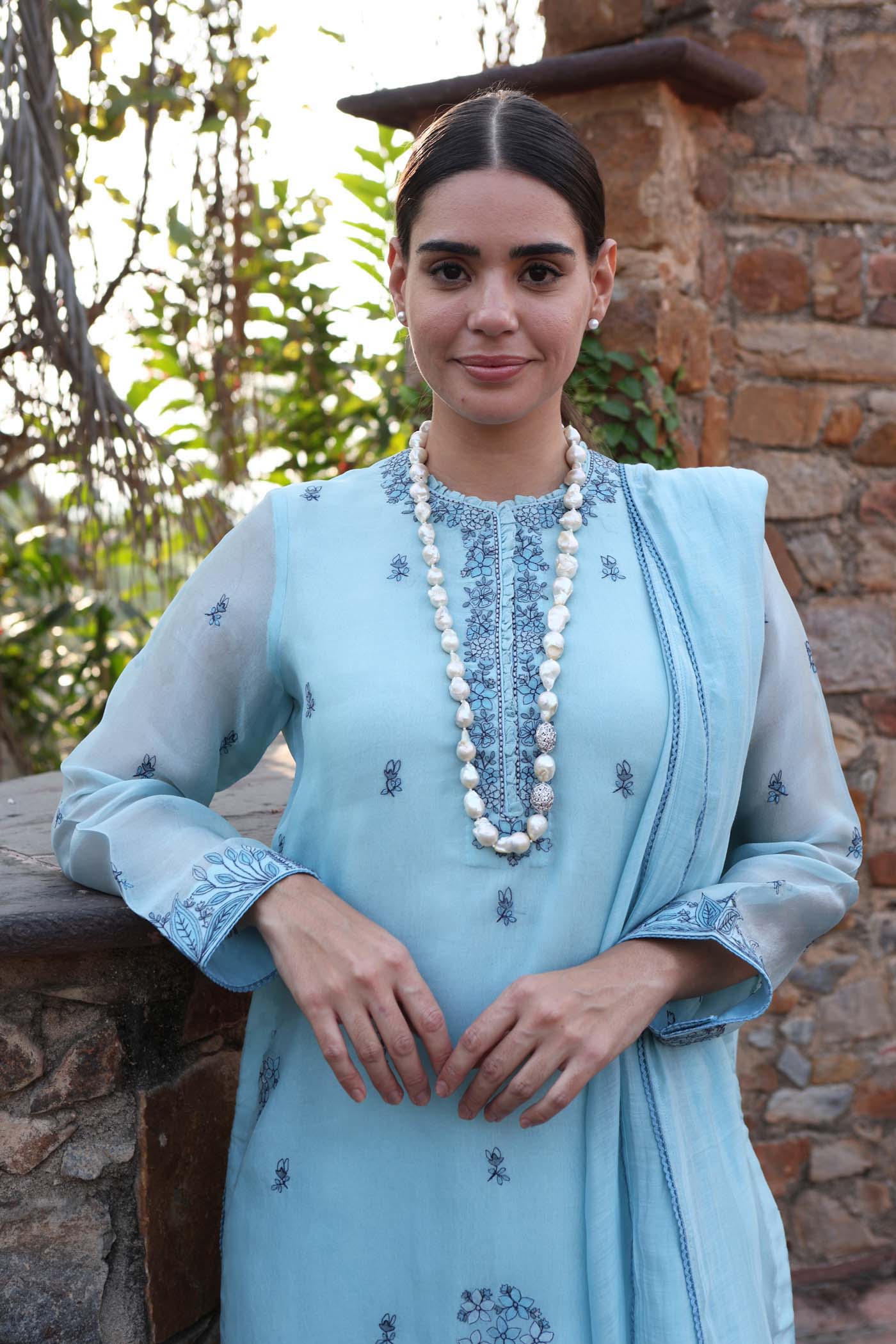 Dusty Sky-Blue Embroidered (Applique & Cuwork) Pure Silk-Organza Kurta-Pants Set