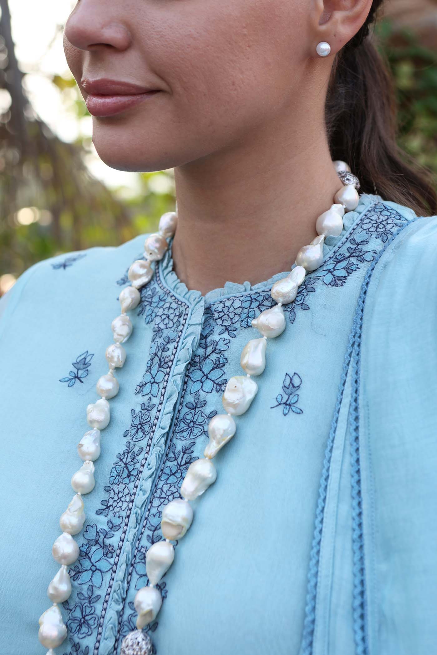 Dusty Sky-Blue Embroidered (Applique & Cuwork) Pure Silk-Organza Kurta-Pants Set