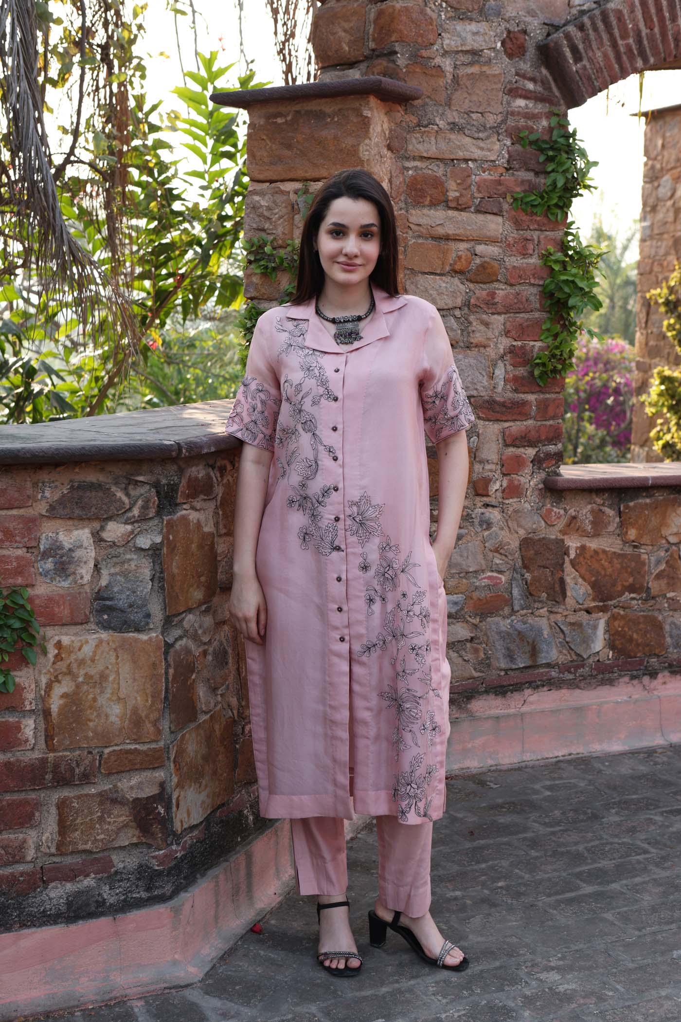 Dusty-Pink Pure Silk Organza Embroidered (Applique & Cuwork) Front-Open Collared Kurta-Pants Set