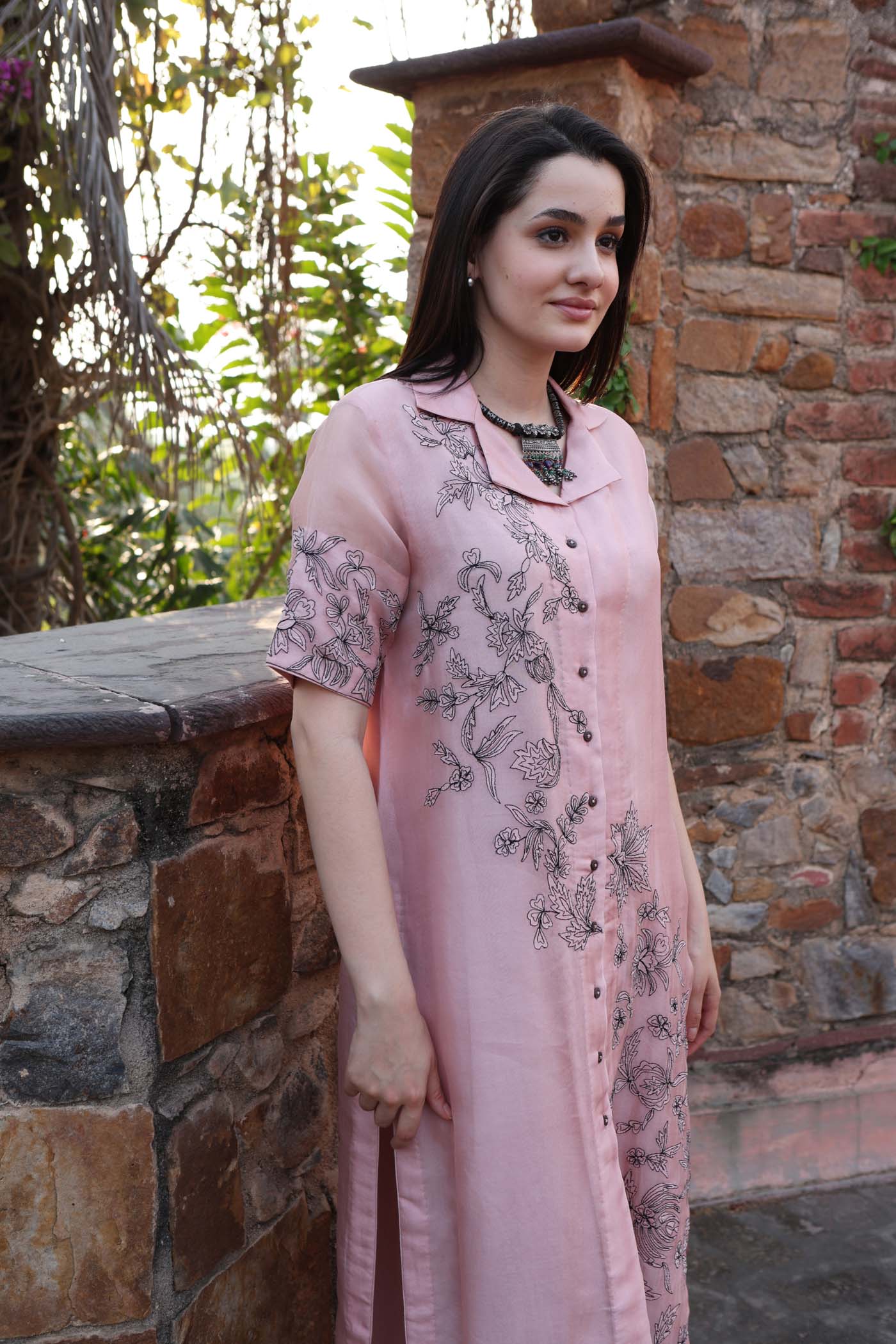 Dusty-Pink Pure Silk Organza Embroidered (Applique & Cuwork) Front-Open Collared Kurta-Pants Set