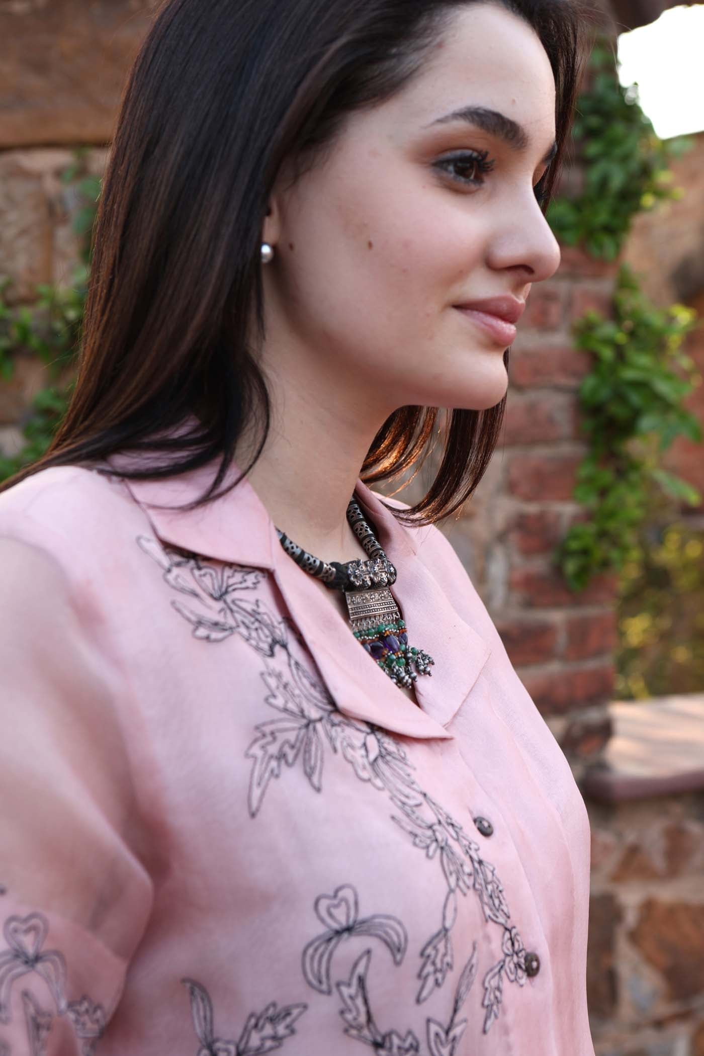 Dusty-Pink Pure Silk Organza Embroidered (Applique & Cuwork) Front-Open Collared Kurta-Pants Set