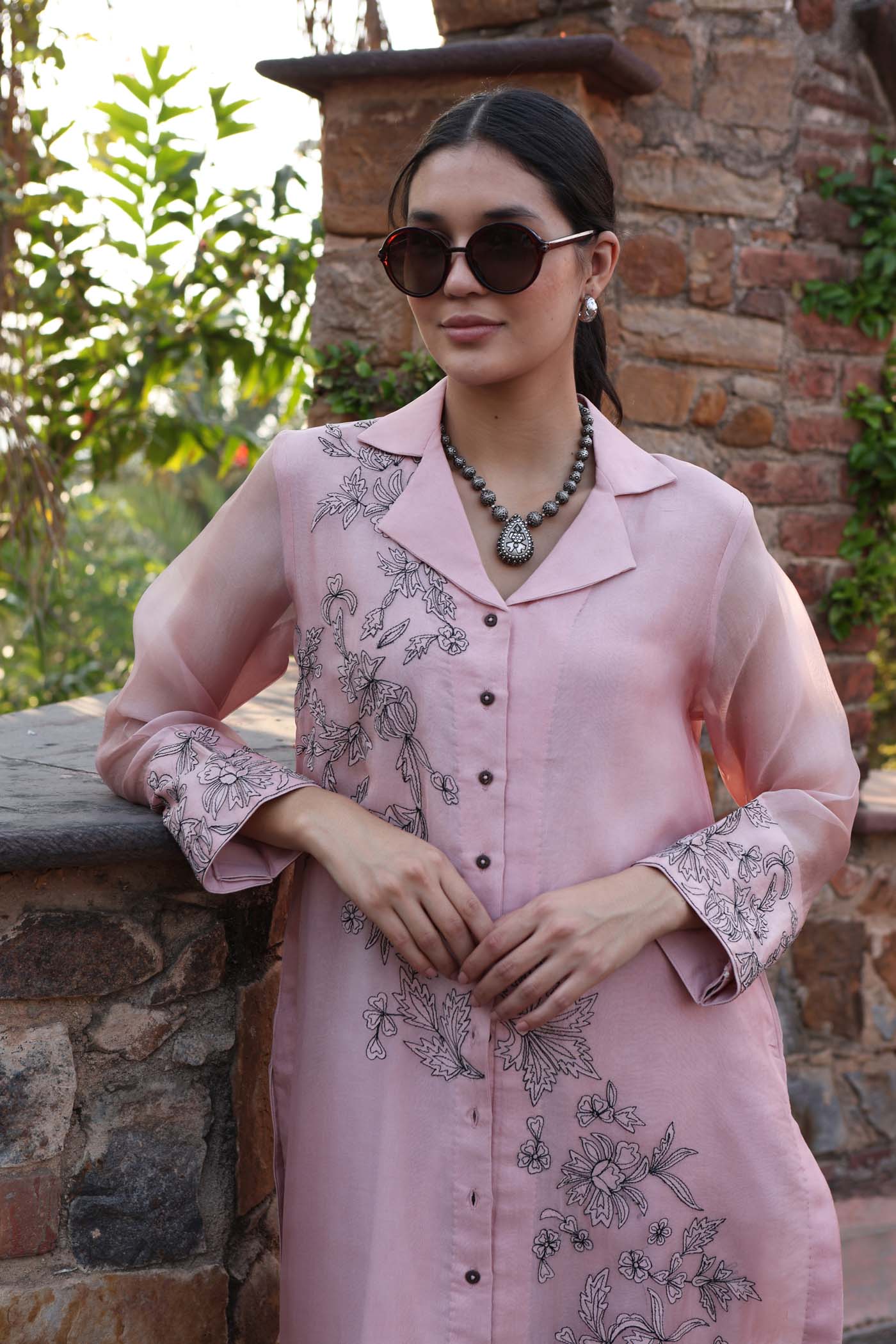 Dusty-Pink Pure Silk Organza Embroidered (Applique & Cuwork) Short-Sleeved Front- Open Collared Kurta-Pants Set