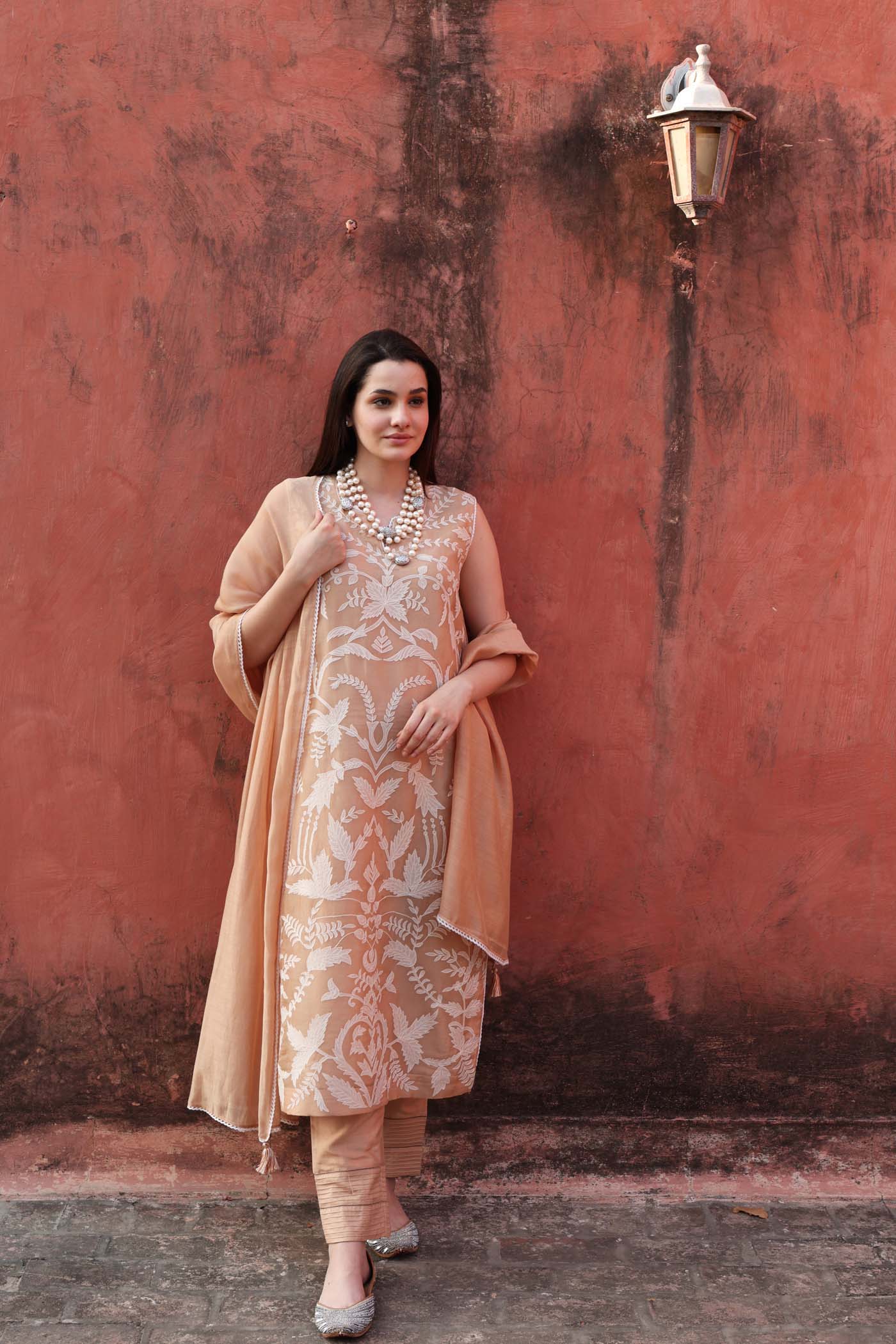 Embroidered (Applique & Cuwork) Peach- Pink Pure Silk-Organza Sleeveless Kurta- Pants Set