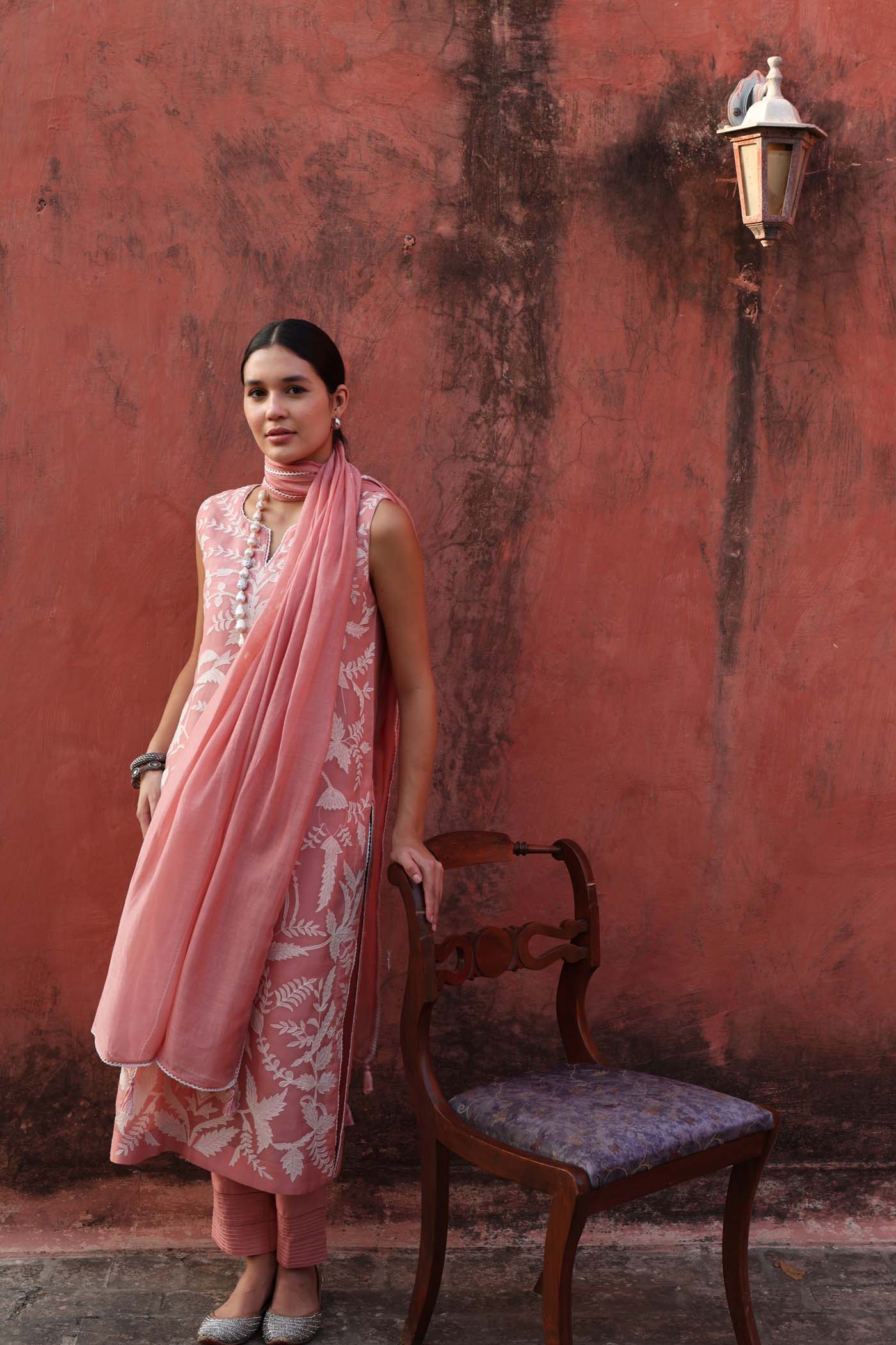 Embroidered (Applique & Cuwork) Dusty Peac Pure Silk-Organza Sleeveless Kurta- Pants Set