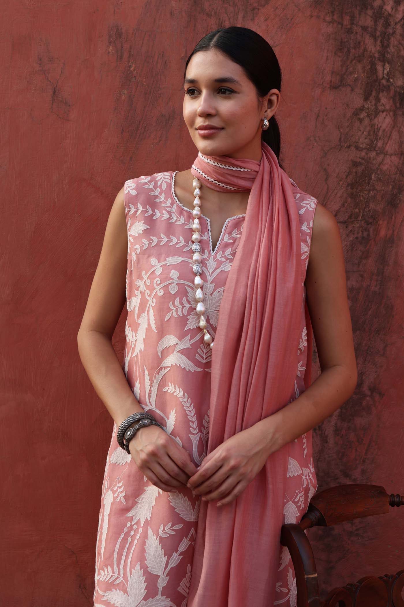 Embroidered (Applique & Cuwork) Dusty Peac Pure Silk-Organza Sleeveless Kurta- Pants Set