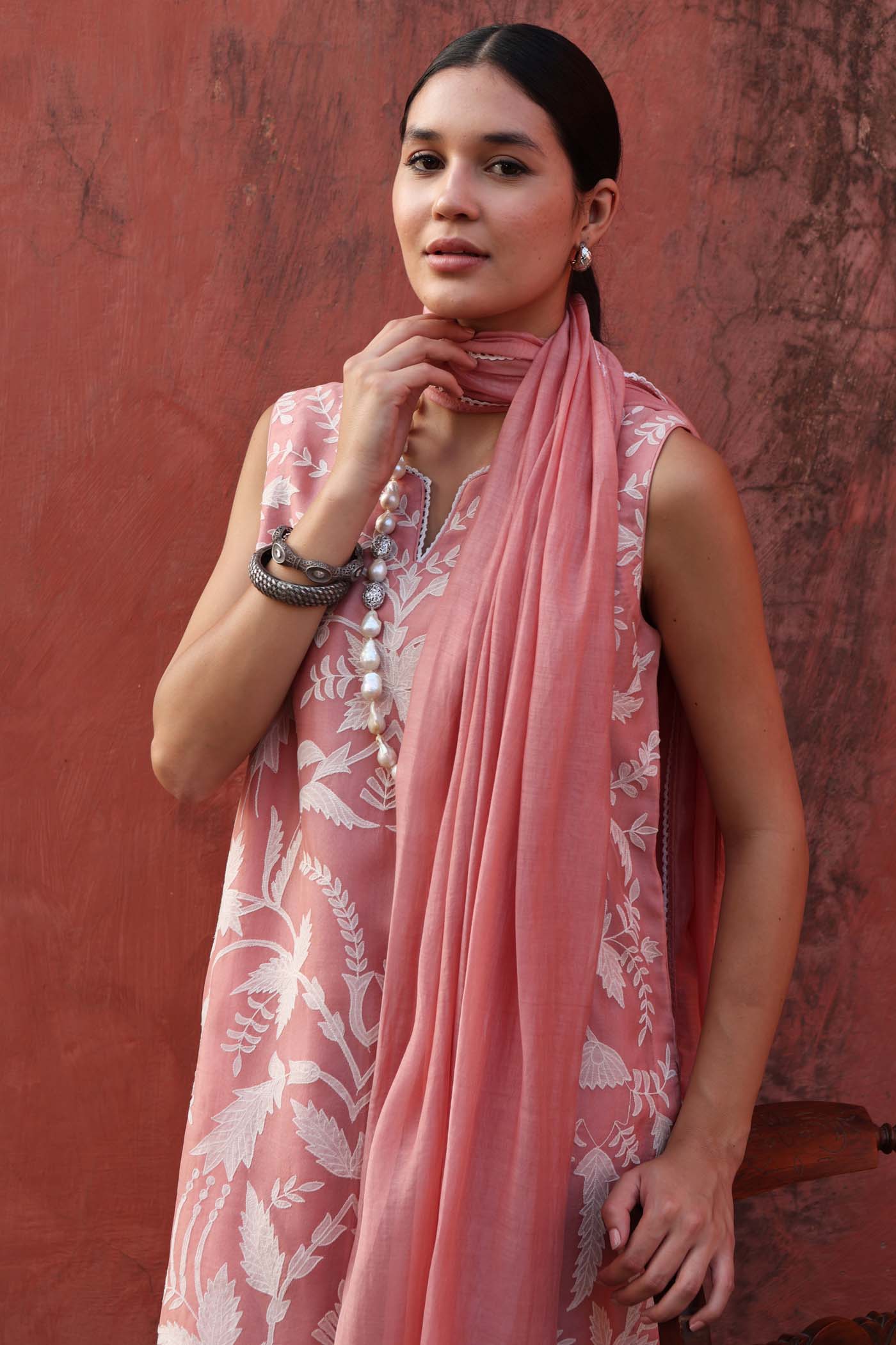Embroidered (Applique & Cuwork) Dusty Peac Pure Silk-Organza Sleeveless Kurta- Pants Set
