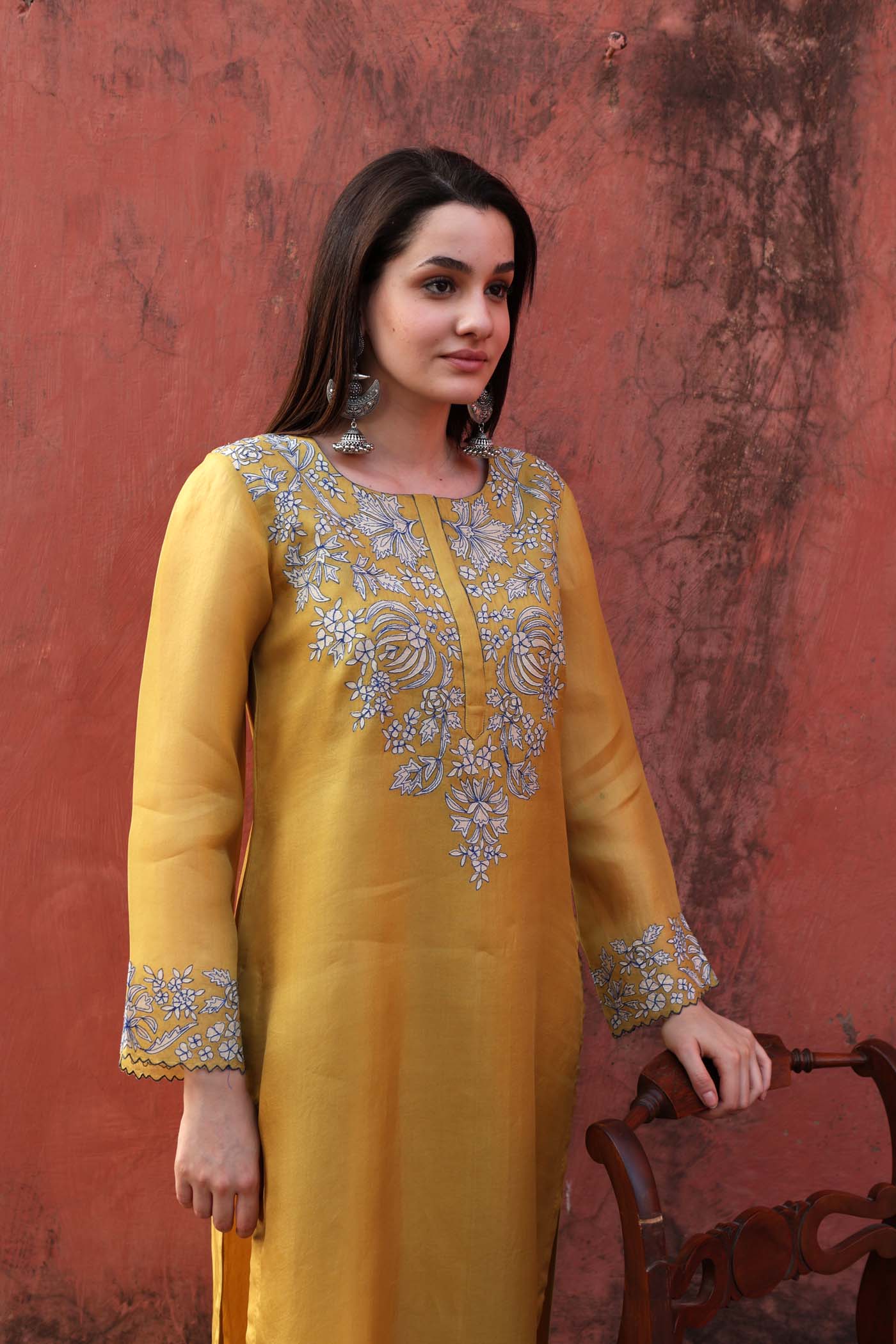 Dusty-Lime Embroidered (Applique & Cuwork) Pure Silk-Organza Kurta-Pants Set