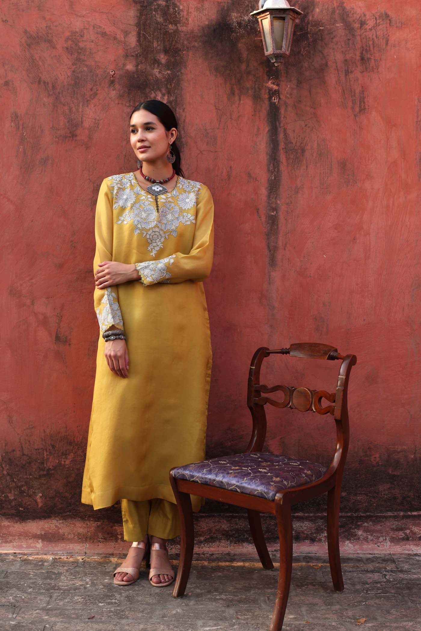 Dusty-Lime Embroidered (Applique & Cuwork) Pure Silk-Organza Kurta-Pants Set