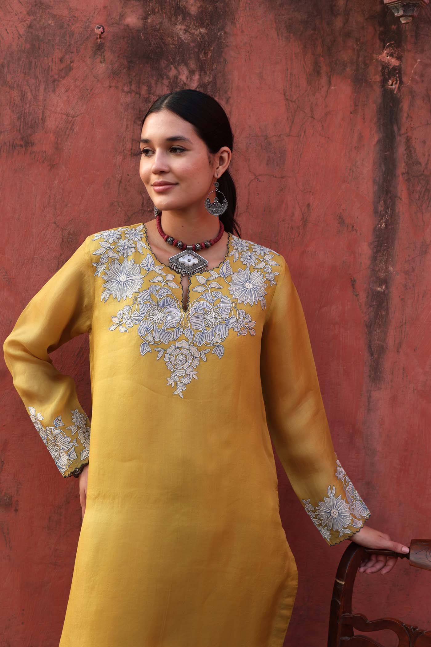 Dusty-Lime Embroidered (Applique & Cuwork) Pure Silk-Organza Kurta-Pants Set