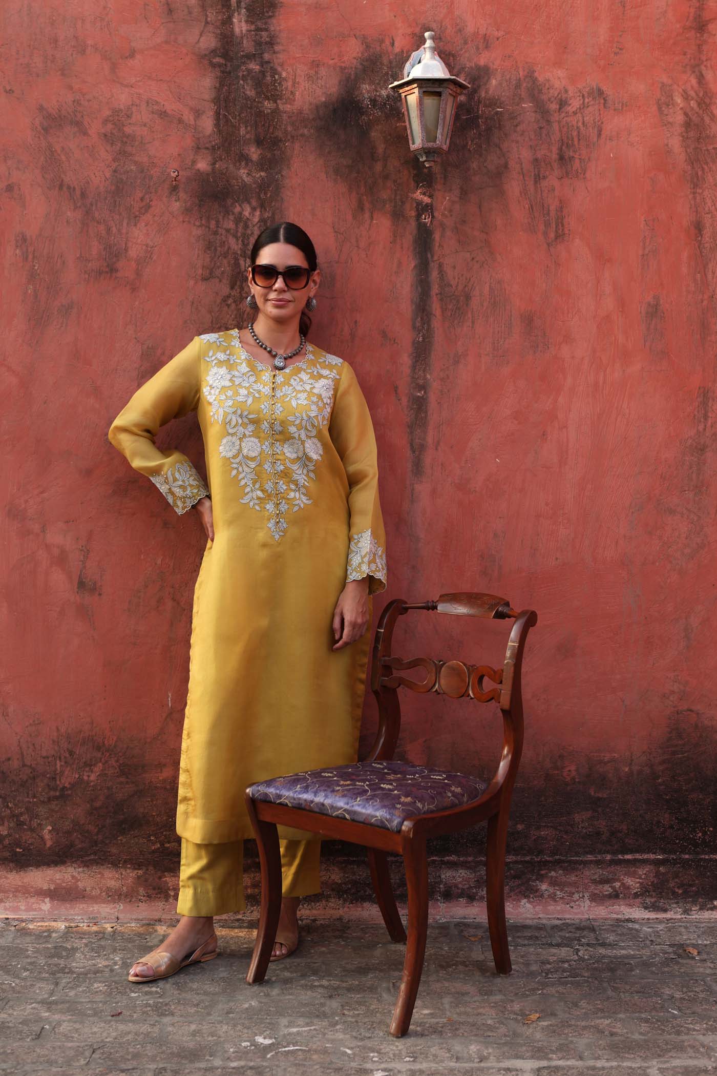 Dusty-Lime Embroidered (Applique & Cuwork) Pure Silk-Organza Kurta-Pants Set