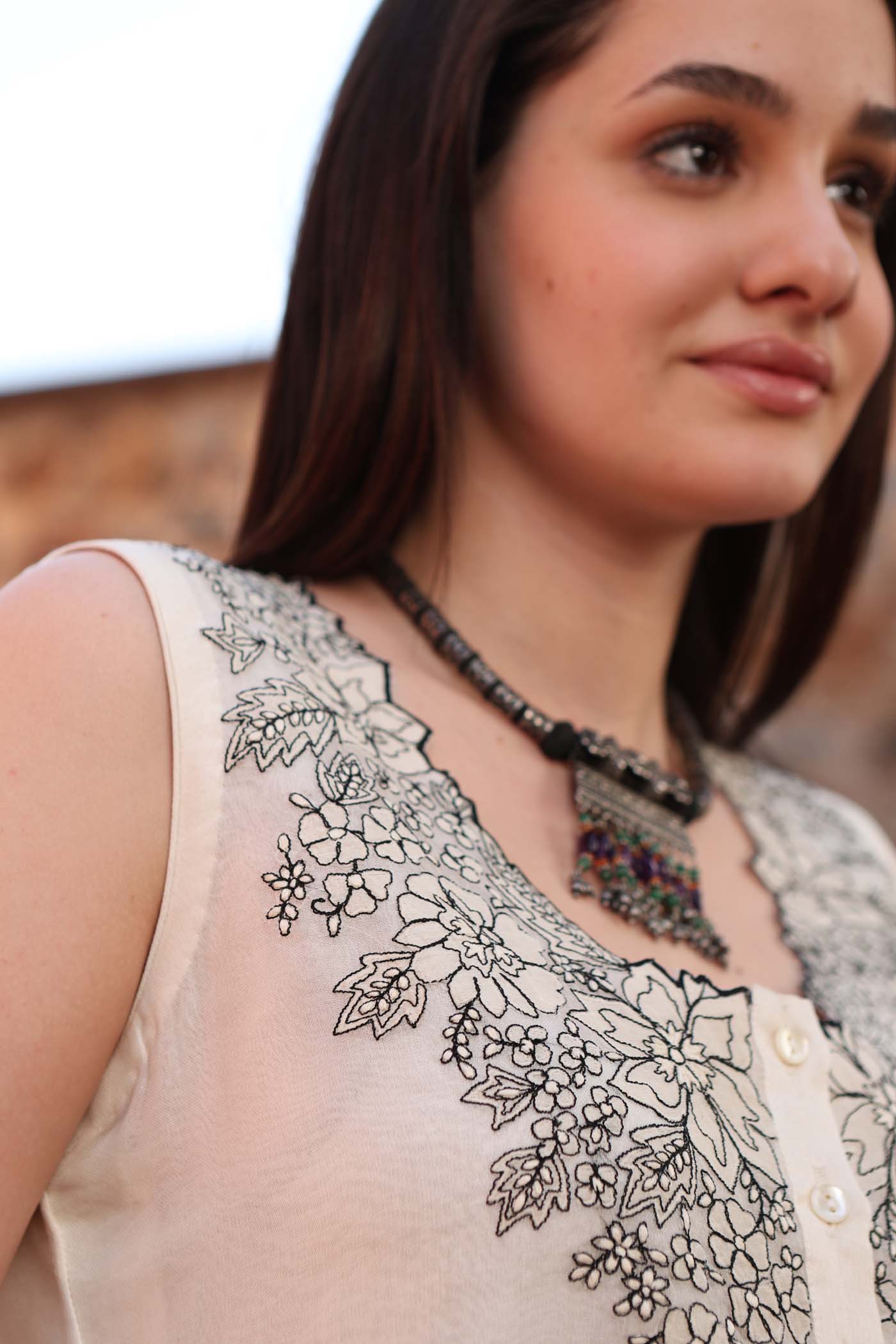 Ivory Pure Silk Organza Embroidered (Applique & Cuwork) Sleeveless Kurta- Pants Set