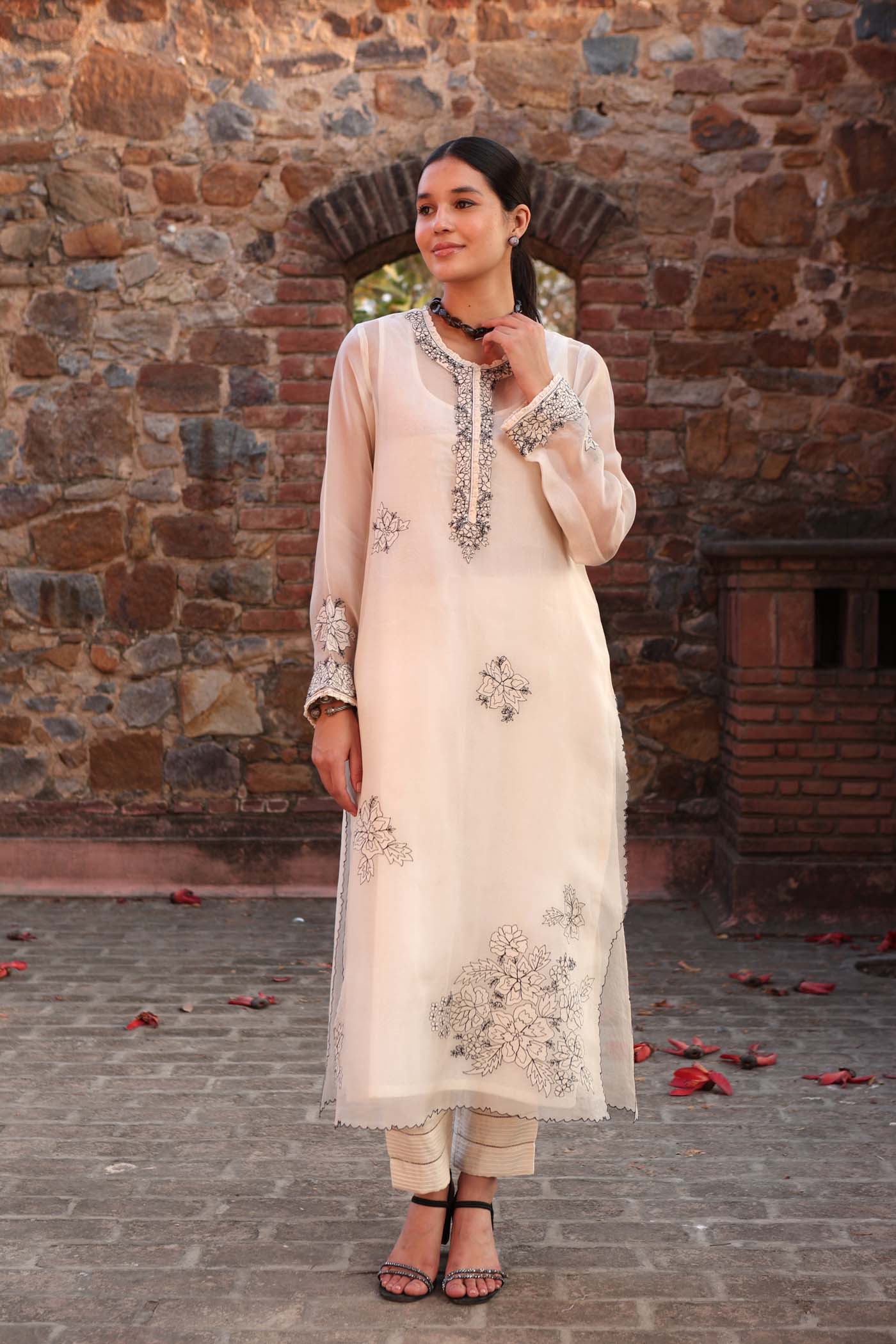 Embroidered (Applique & Cuwork) Ivory Pure Silk-Organza Kurta-Pants Set