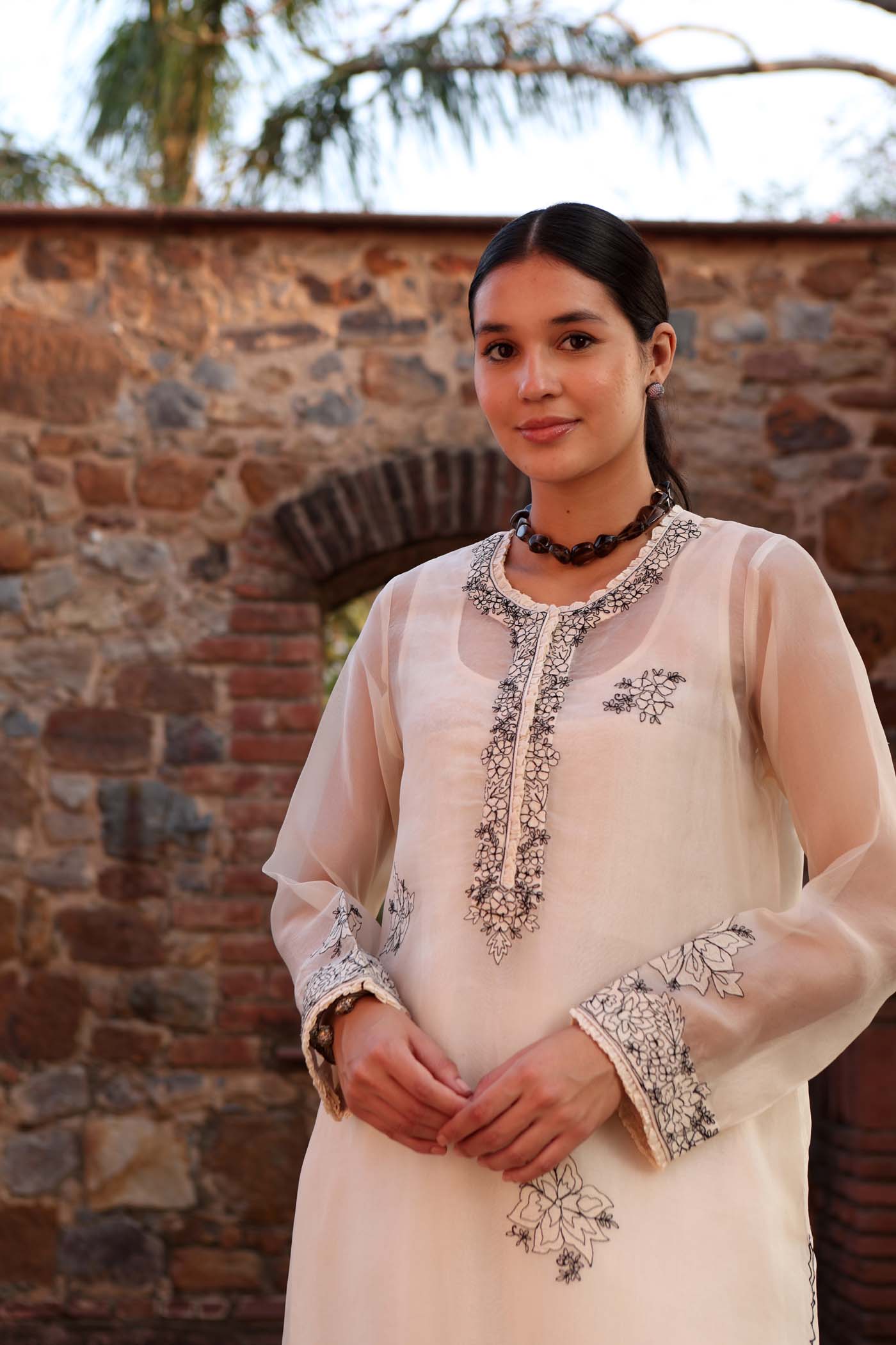 Embroidered (Applique & Cuwork) Ivory Pure Silk-Organza Kurta-Pants Set