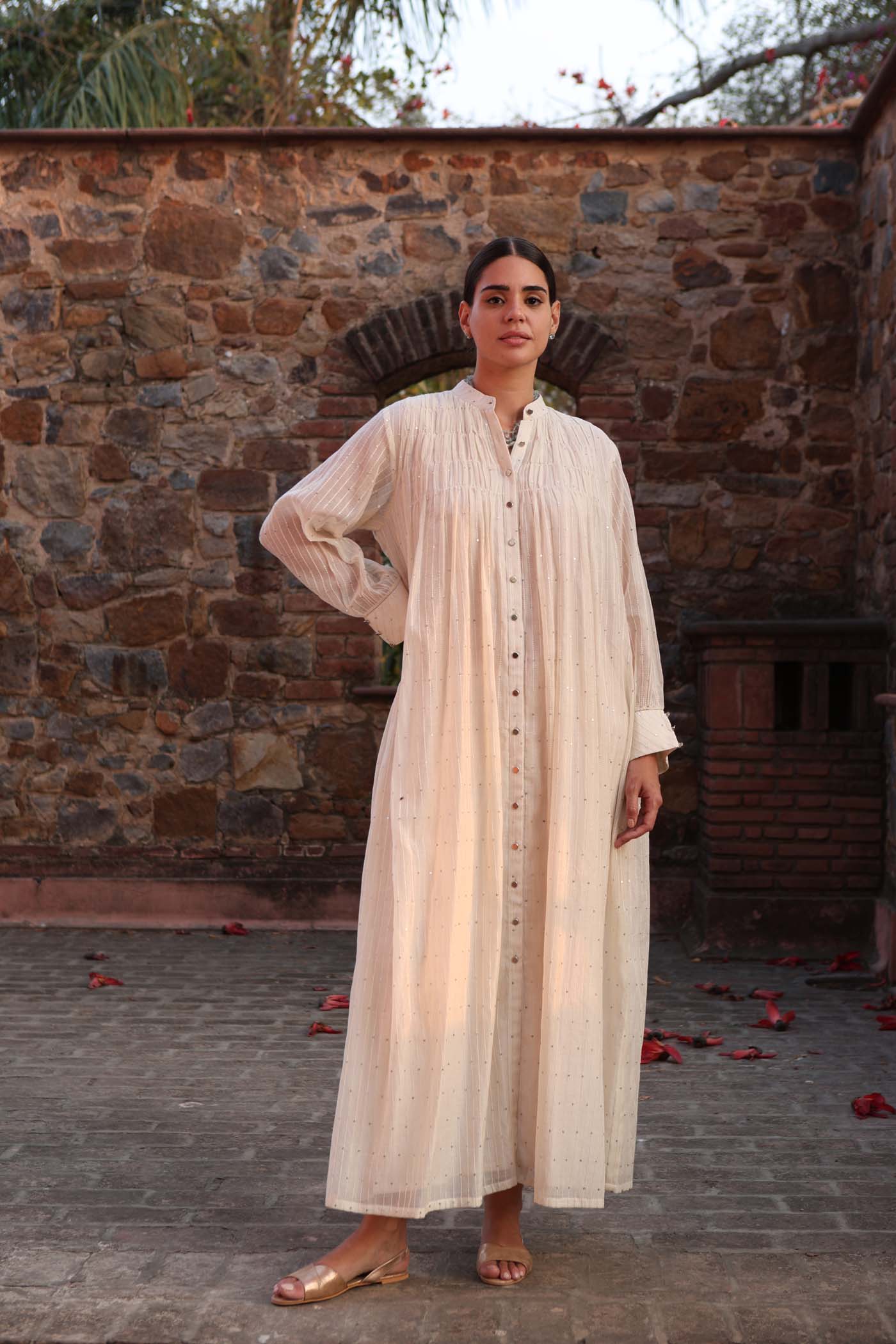 IVORY PURE SILK-COTTON SEQUINNED FRONT-OPEN COLLARED LONG KURTA-PANTS SET